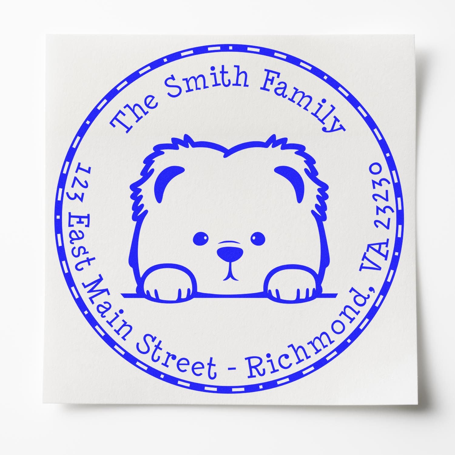 Blue circular family address stamp with teddy bear seal, The Smith Family, East Main Street, Richmond, VA 23230.