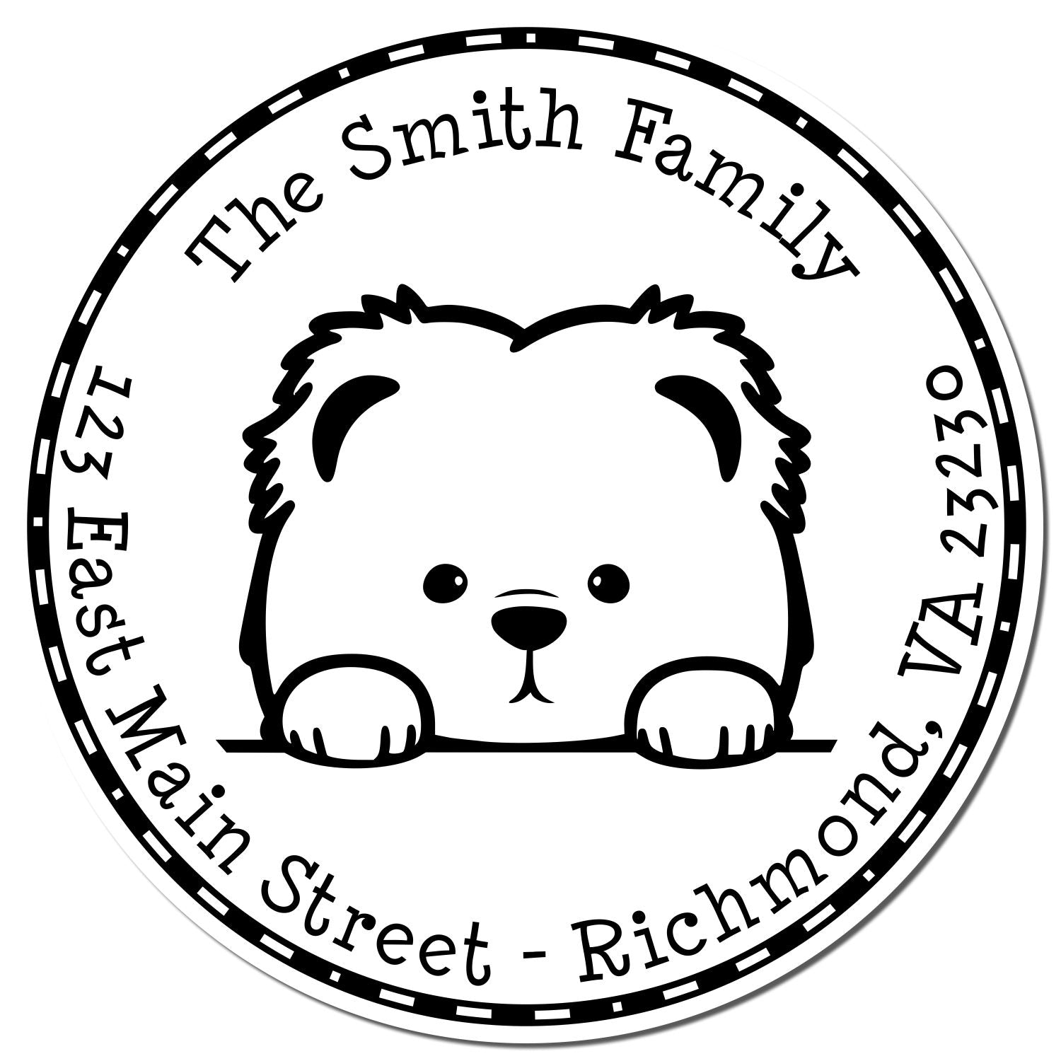 Black-and-white circular family stamp seal with cute bear face, dotted border, and text: The Smith Family, 123 East Main Street, Richmond, VA