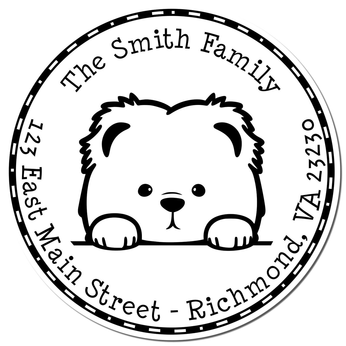 Black-and-white circular stamp seal with bear cub graphic, The Smith Family, and address: 123 East Main Street, Richmond, VA.