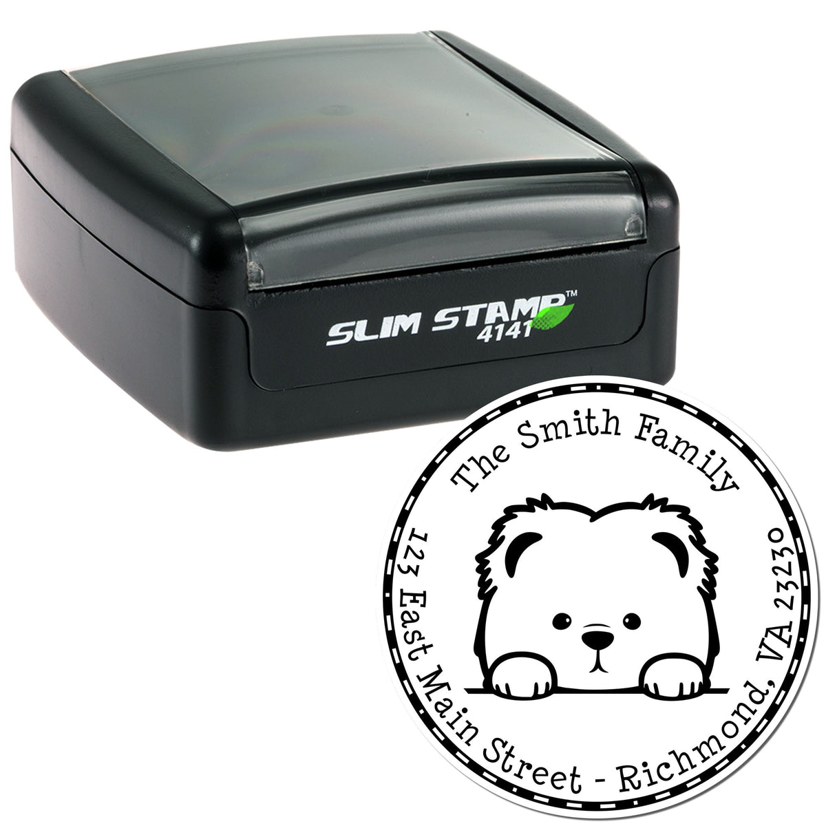 Black Slim Stamp 4141 with gray top and custom circular seal featuring a bear and family address text.