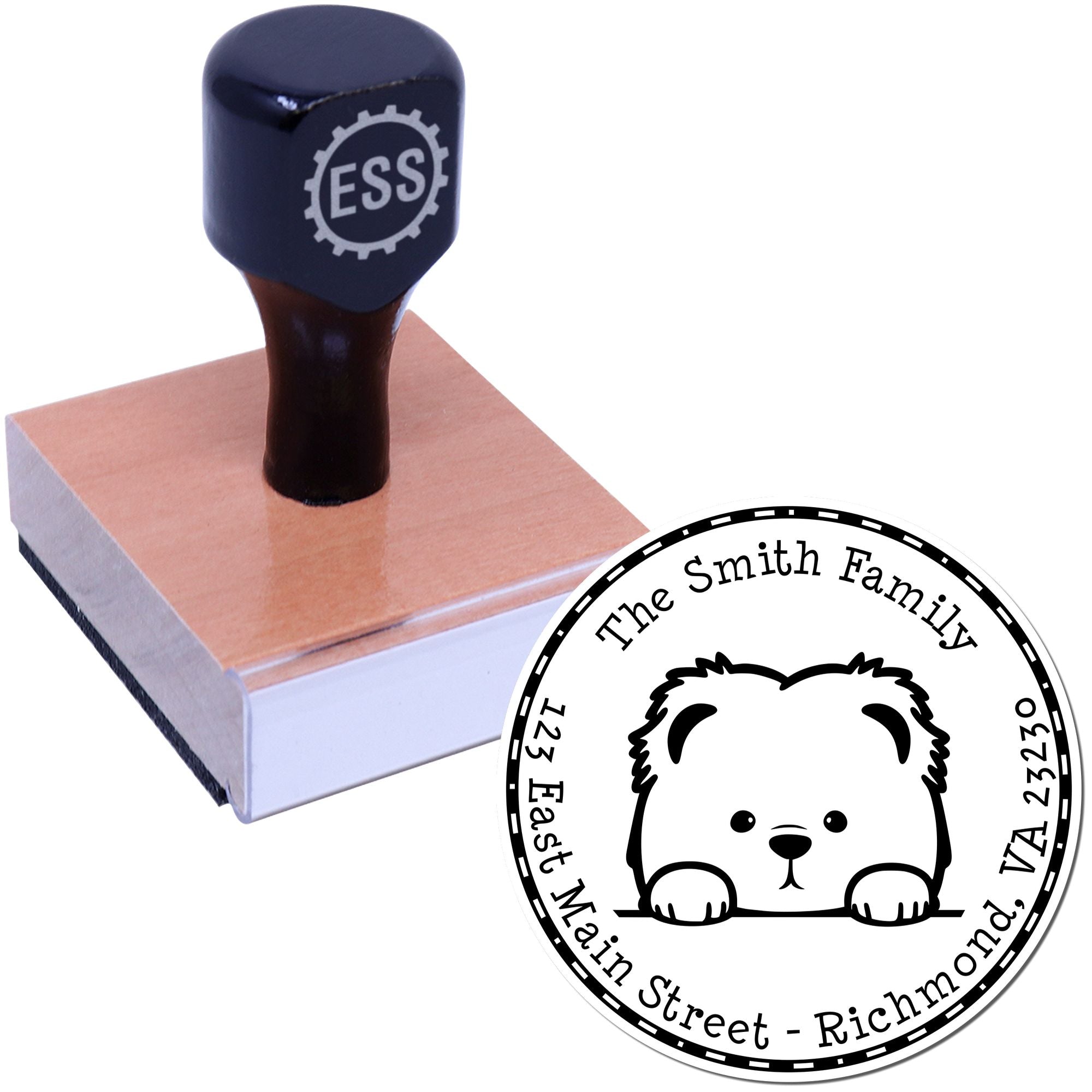 Navy ESS rubber stamp on wooden block beside a round custom family seal with bear logo and black text.