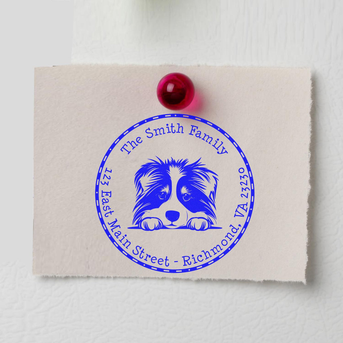 Blue circular family address stamp seal with raccoon illustration, pinned on paper by a red pushpin.