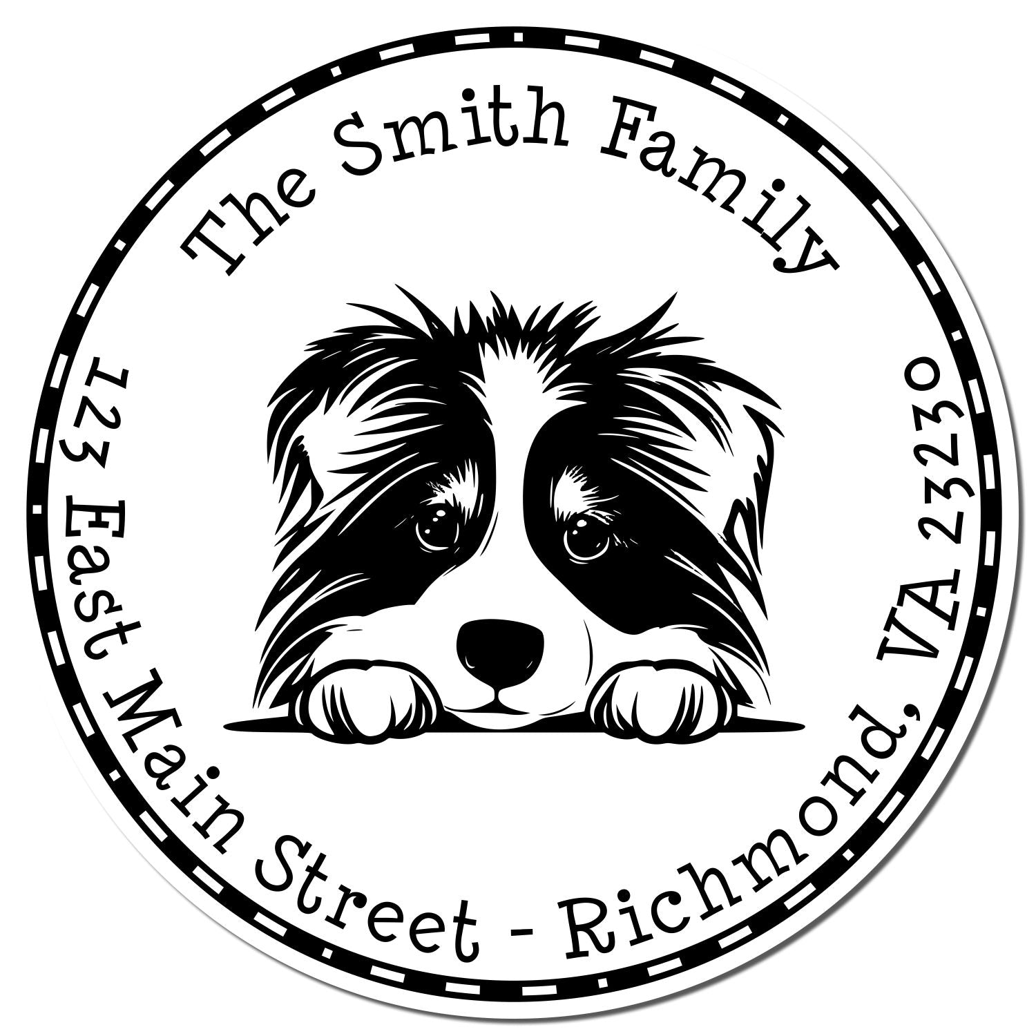 Black-and-white circular address stamp with puppy face, decorative border, and text The Smith Family, 123 E Main St, Richmond, VA.