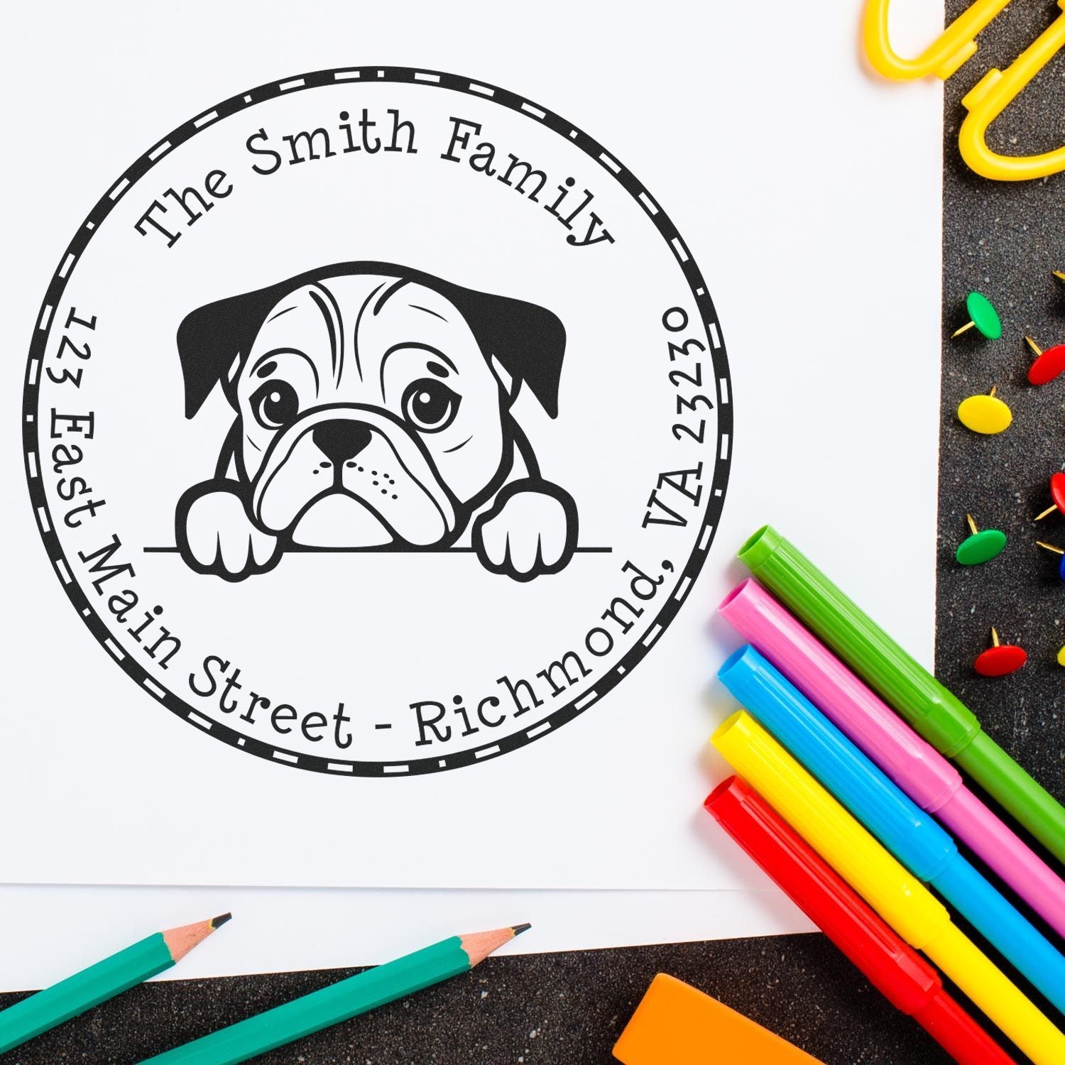 Round Pre-Inked English Bulldog Mailing Address Stamp - Engineer Seal Stamps