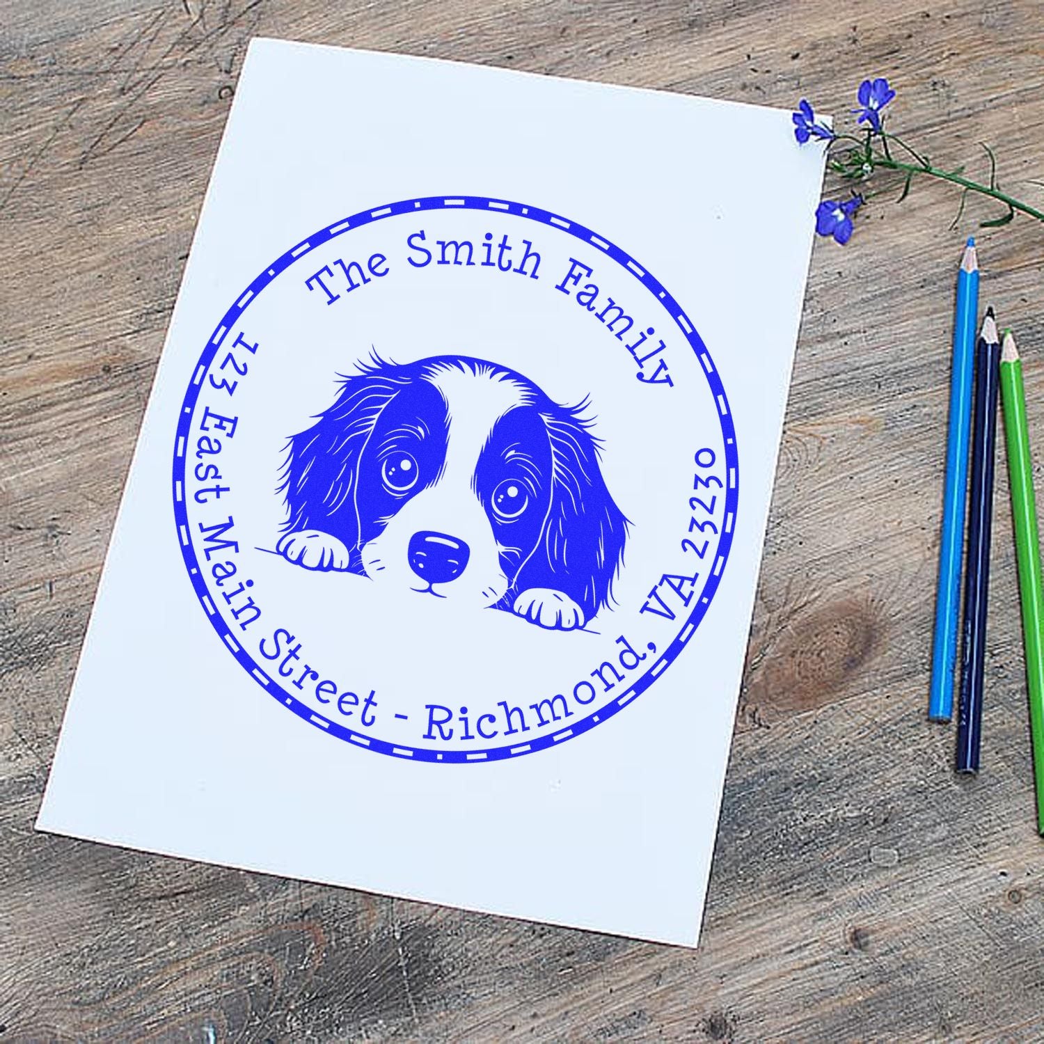 Round Self-Inking English Springer Spaniel Customized Home Address Stamp - Engineer Seal Stamps