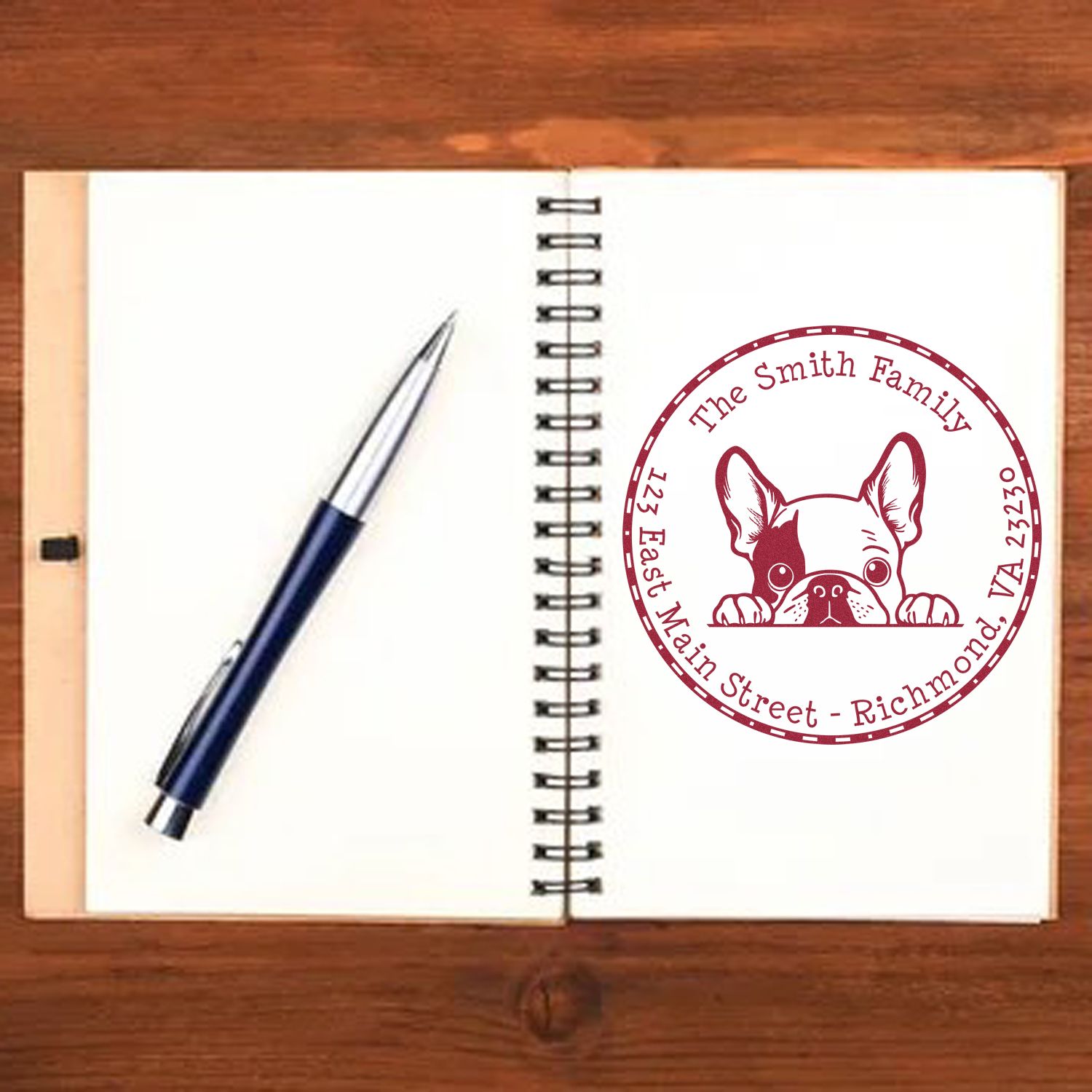 Round Pre-Inked French Bulldog Home Address Stamp - Engineer Seal Stamps