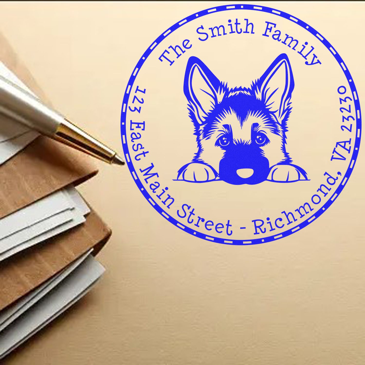 Round German Shepherd Personalized Address Rubber Stamp - Engineer Seal Stamps