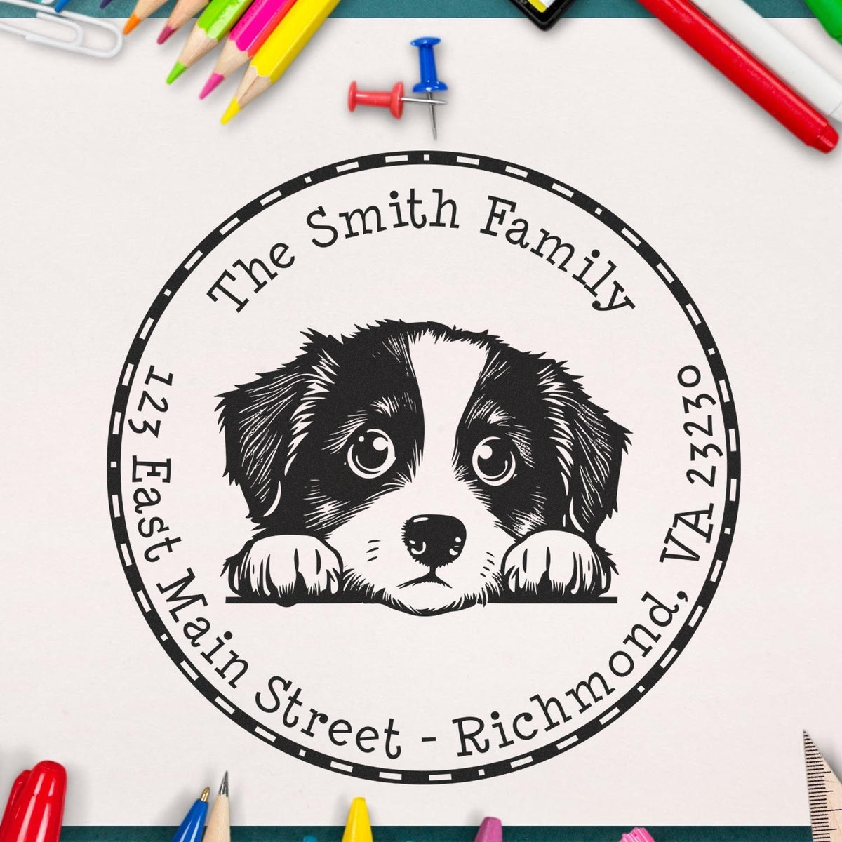 Custom black circular dog stamp seal with The Smith Family and Richmond, VA address on white paper, surrounded by colorful pencils.
