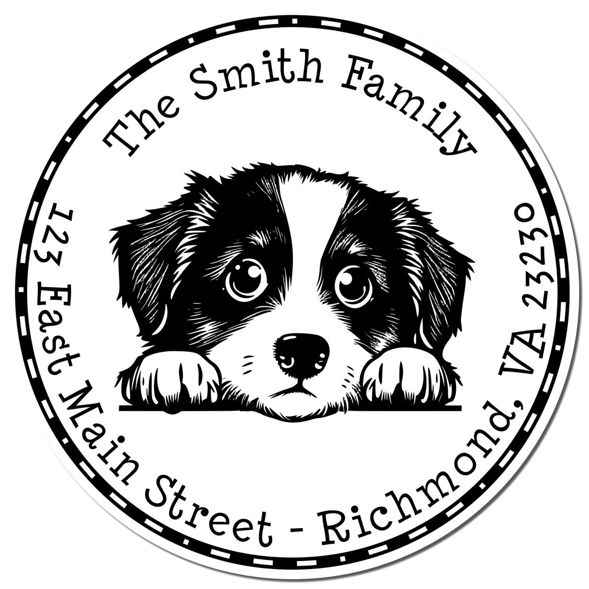 Black-and-white circular address stamp seal with puppy face, The Smith Family, and dotted border.