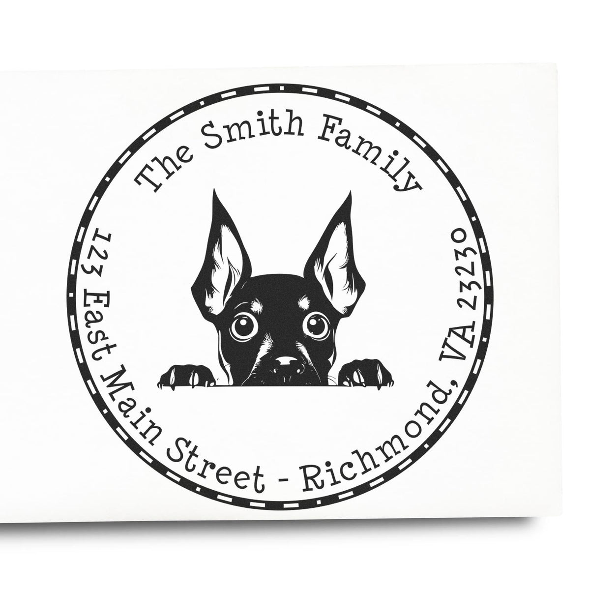 Black round custom stamp seal with dog face, reading The Smith Family, 123 East Main Street, Richmond, VA 23230