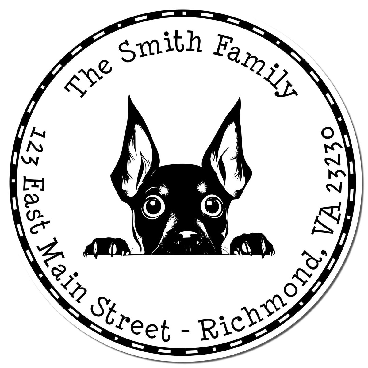 Black-and-white circular stamp seal with a peeking dog, reading The Smith Family and East Main Street, Richmond, VA.