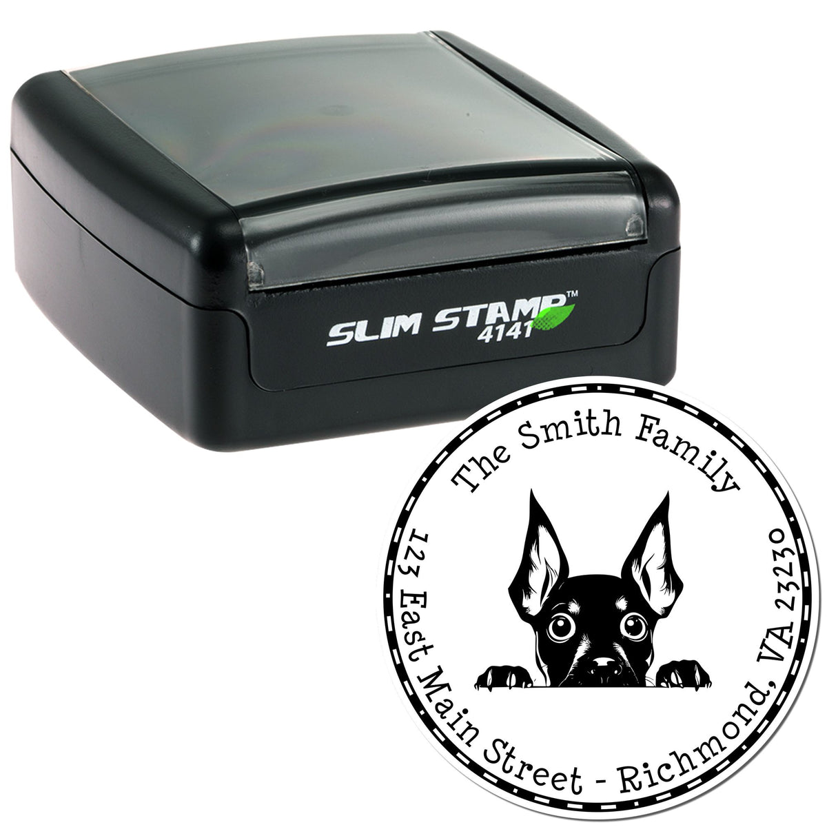 Black Slim Stamp self-inking stamp with round custom seal, white and black, featuring dog logo, The Smith Family and VA address.