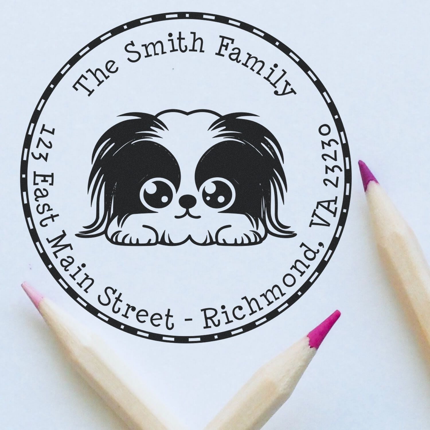 Round Pekingese Custom Mailing Address Rubber Stamp