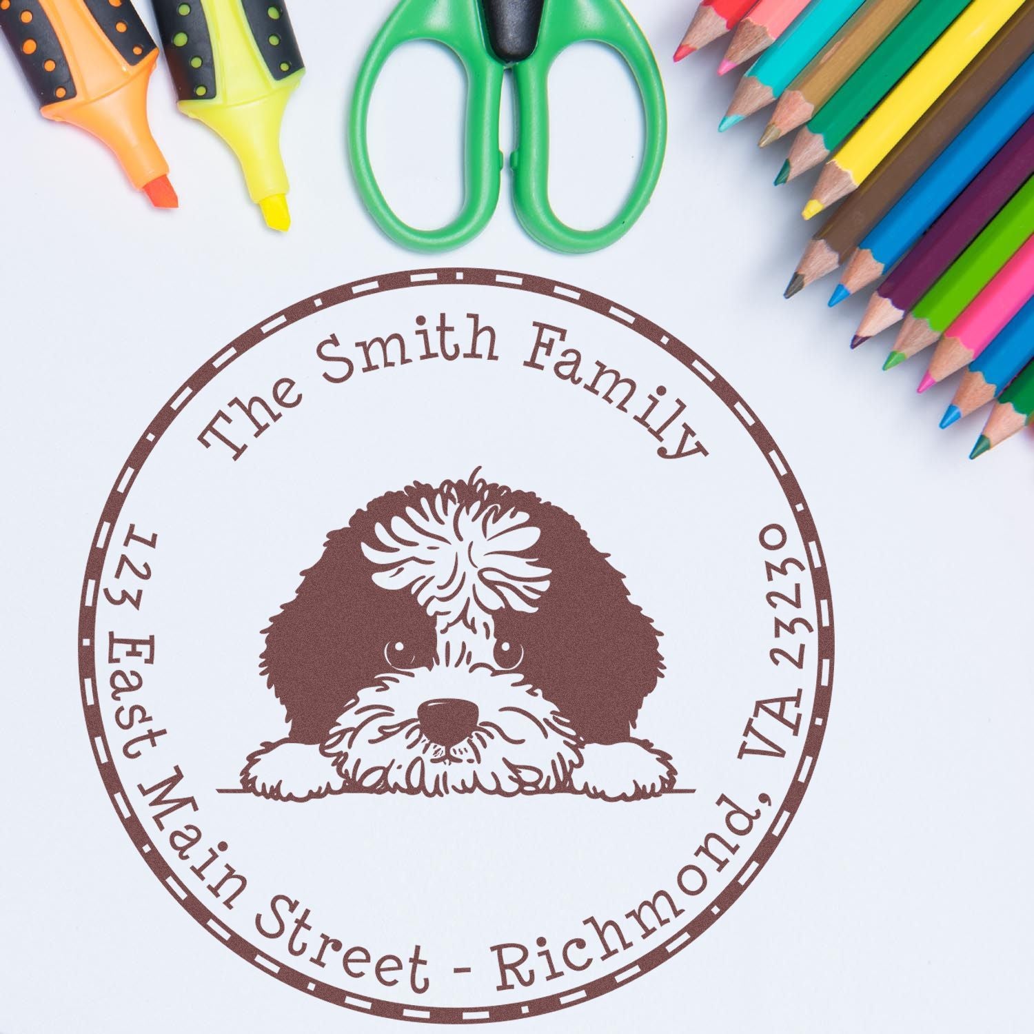 Round Portuguese Water Dog Custom Home Address Rubber Stamp - Engineer Seal Stamps