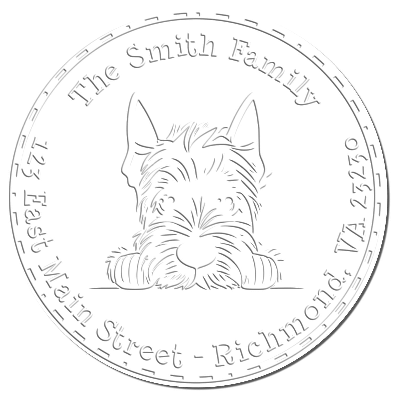 Circular white custom stamp seal with outlined dog portrait and The Smith Family around the edge.