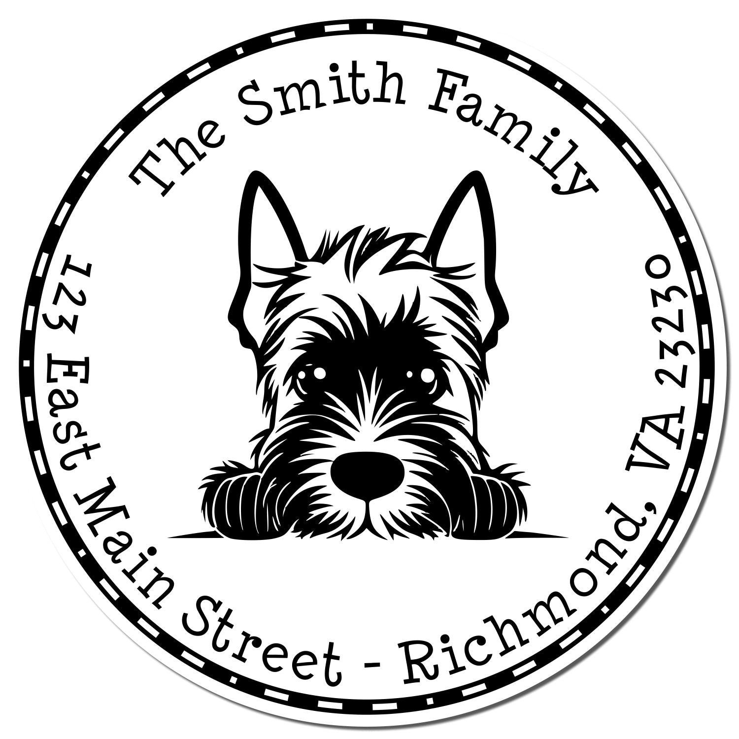 Black-and-white circular address seal stamp with schnauzer dog, bold border, and The Smith Family text.