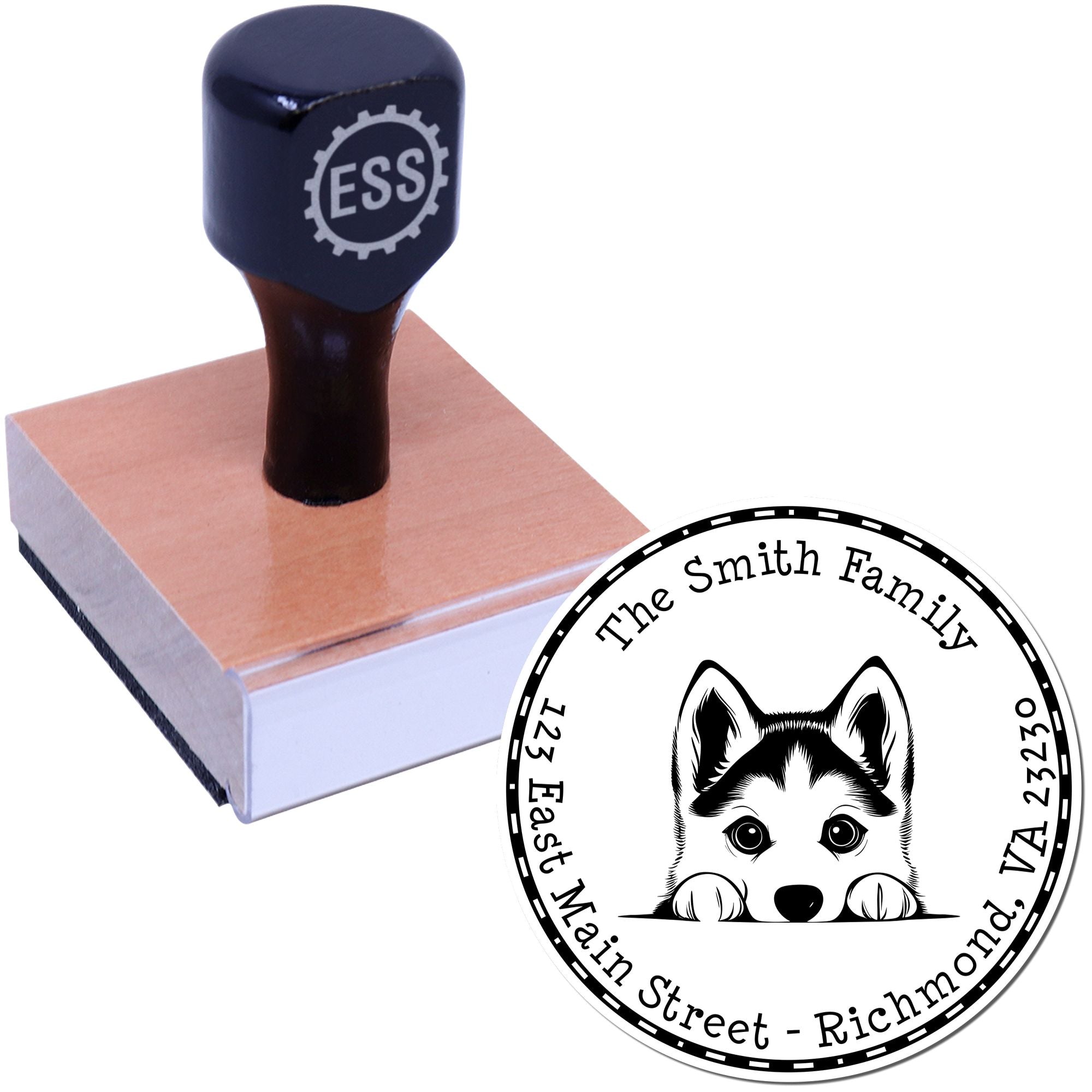 Round Siberian Husky Custom Refillable Address Rubber Stamp