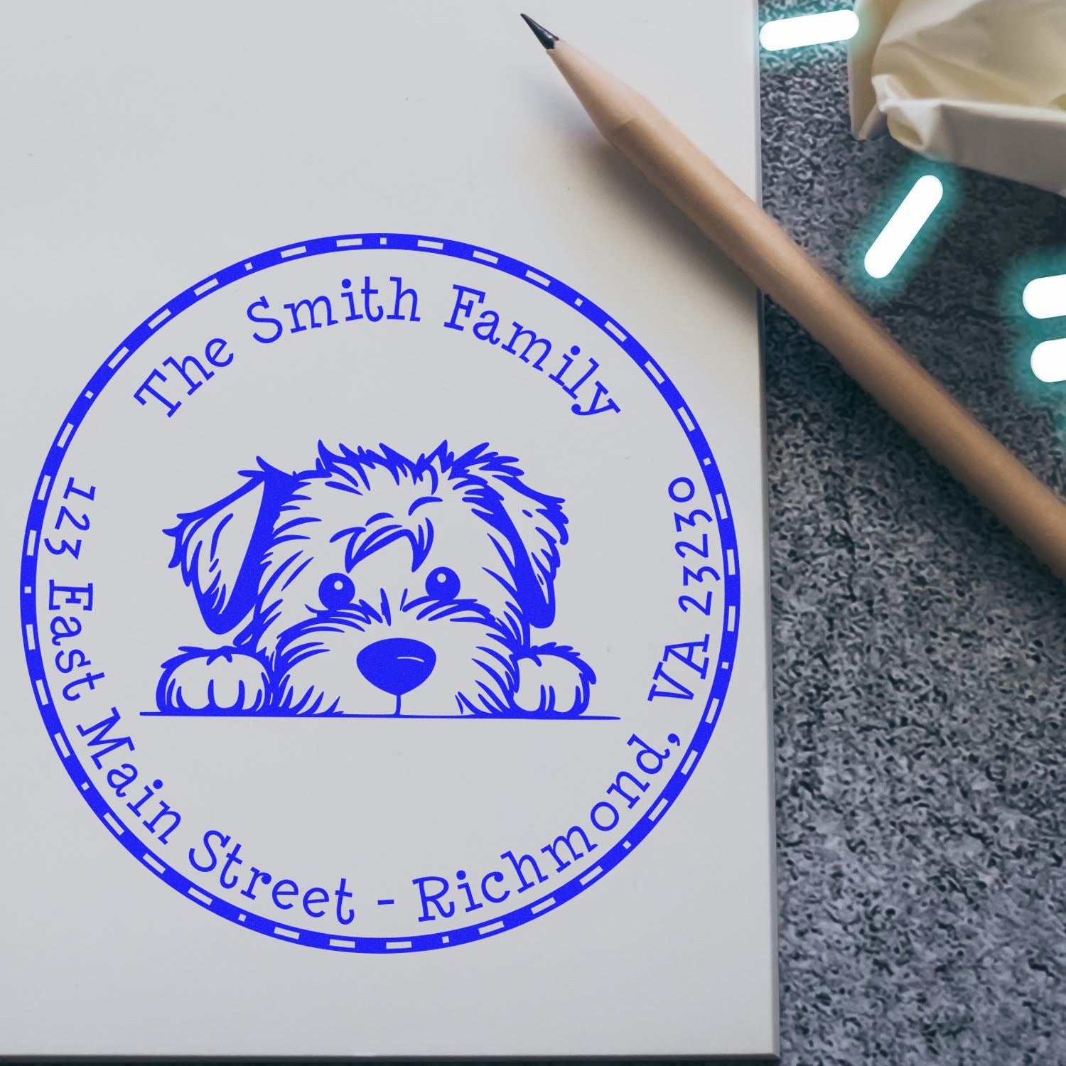 Round Pre-Inked Soft Coated Wheaten Terrier Customized Name and Address Stamp - Engineer Seal Stamps