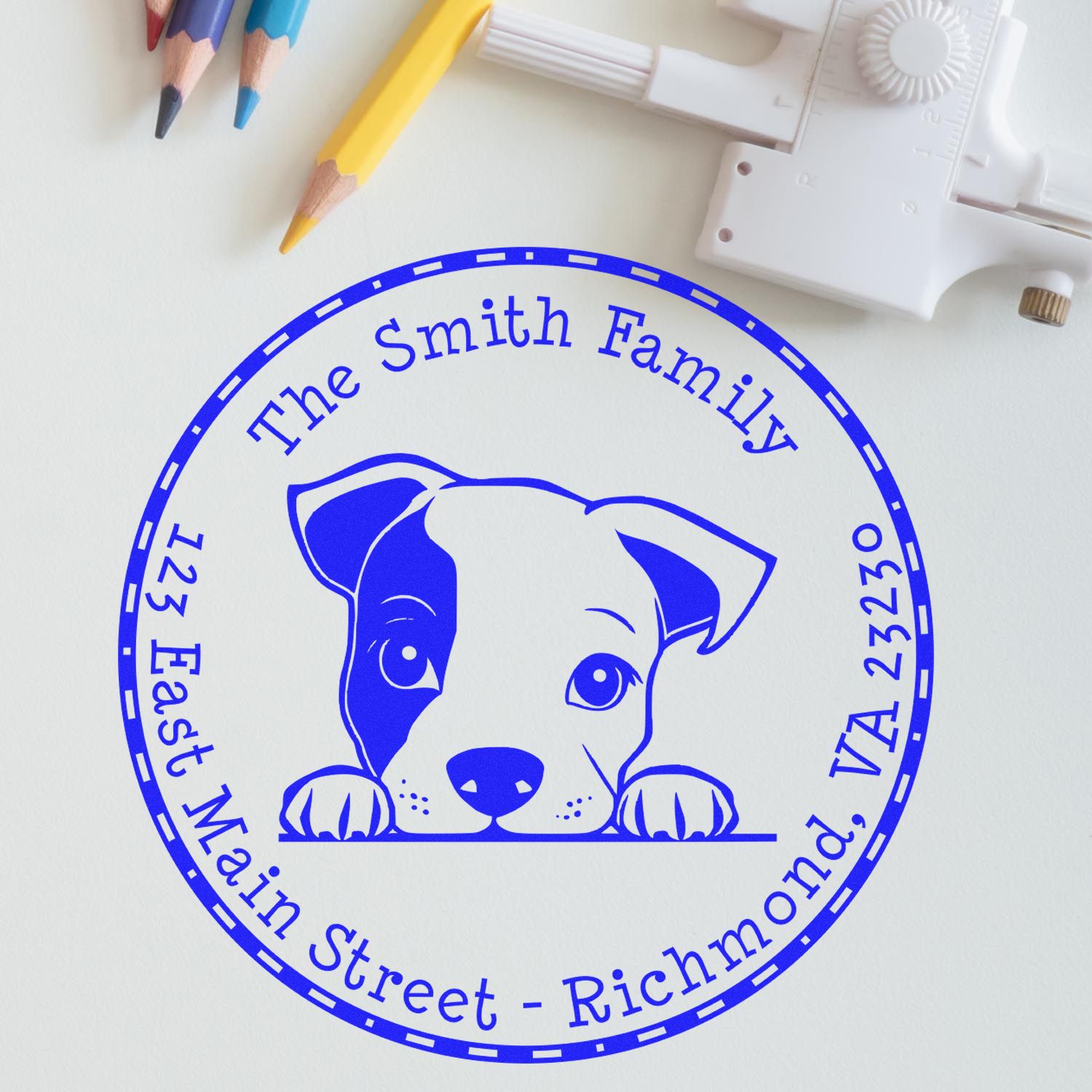Round Self-Inking Staffordshire Bull Terrier Personalized High-Quality Address Stamp - Engineer Seal Stamps