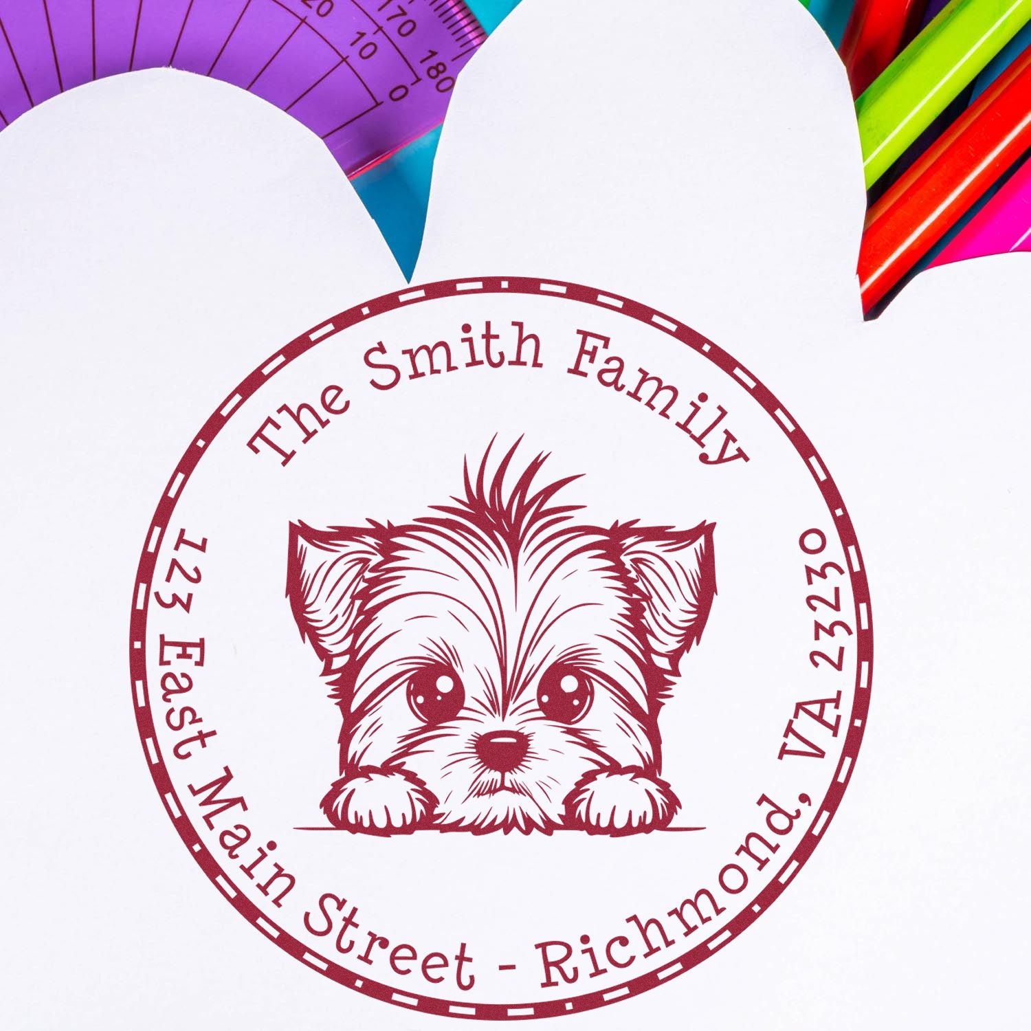 Round Self-Inking Yorkshire Terrier Personalized Mailing Label Stamp - Engineer Seal Stamps