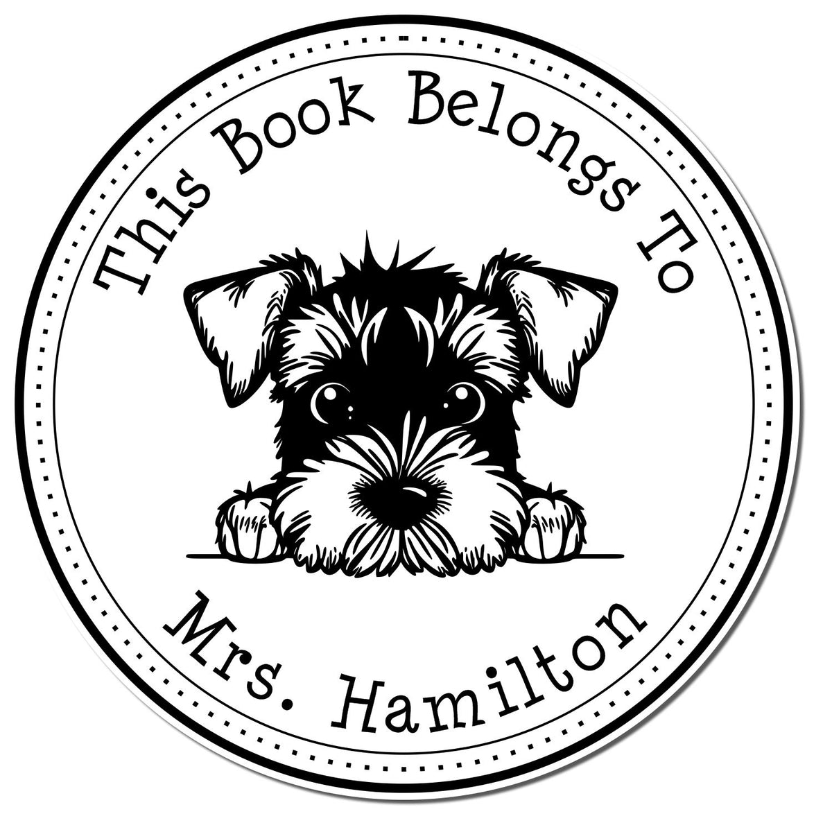 Circular black-and-white book stamp seal with puppy illustration and text This Book Belongs To Mrs. Hamilton.