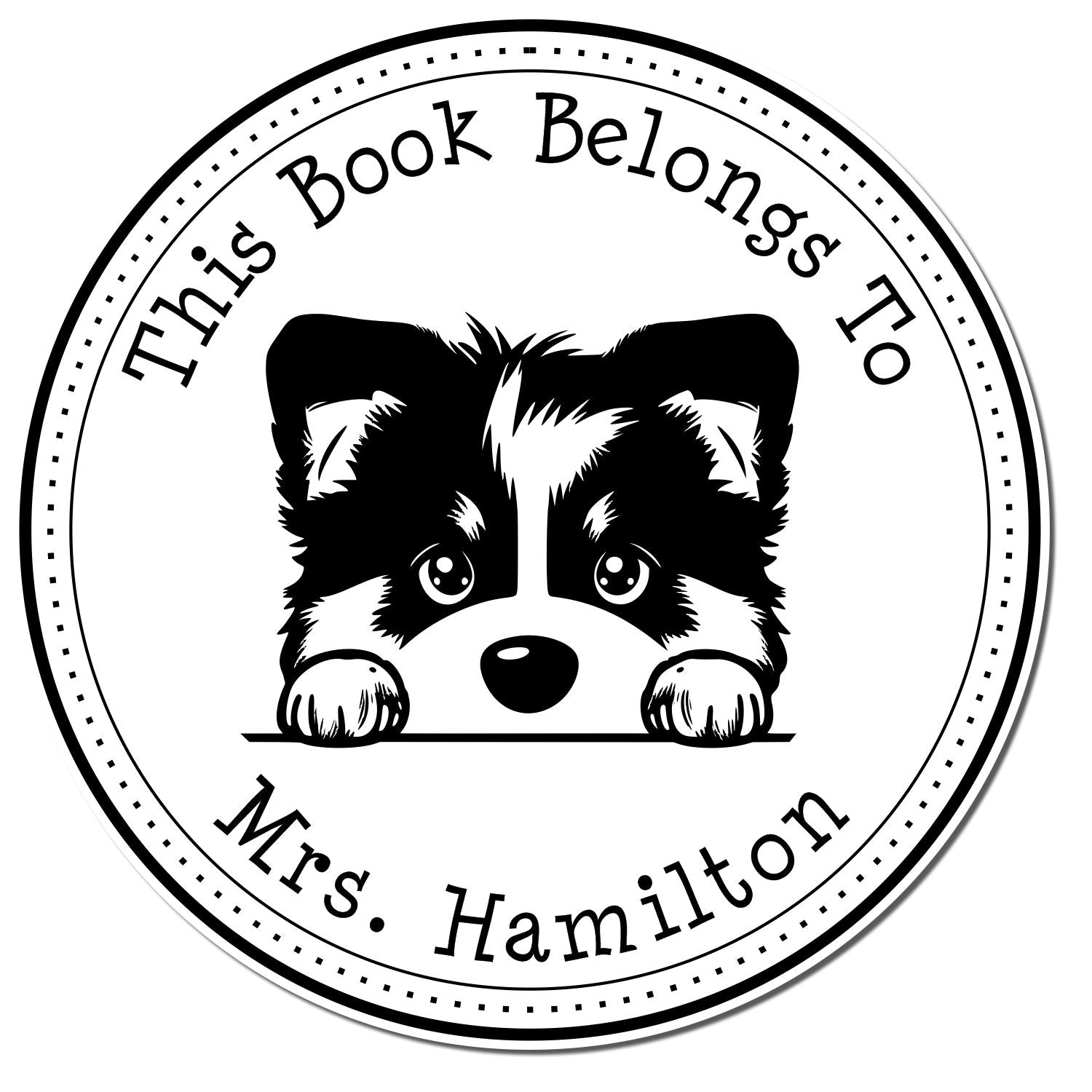 Black-and-white round book stamp seal with a cute raccoon face and text This Book Belongs To Mrs. Hamilton.