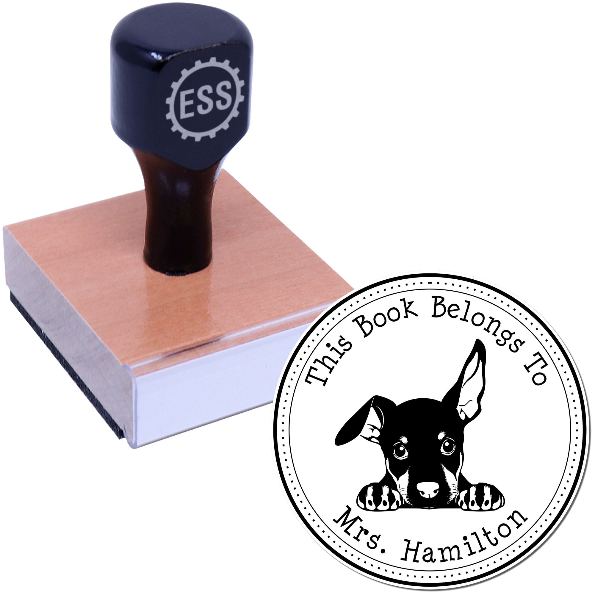 Wooden Handle Doberman Pinscher Custom Property of Stamp - Engineer Seal Stamps