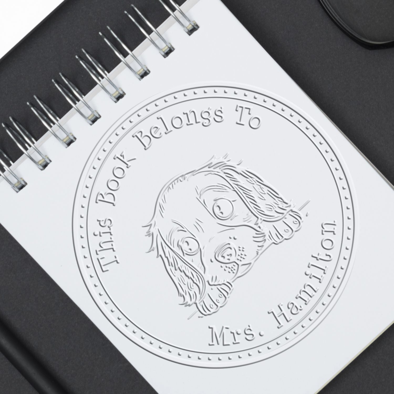 Handheld English Cocker Spaniel Personalized Read it Return It Embossed Seal Stamp
