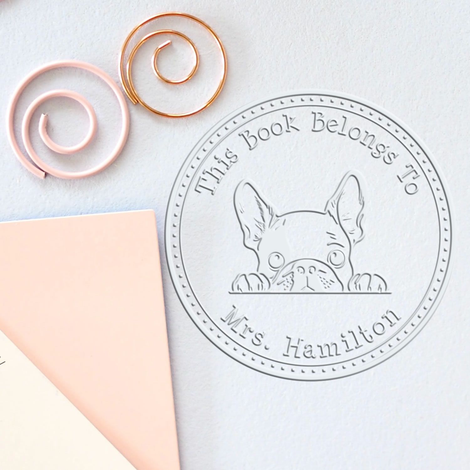 Handheld French Bulldog Personalized Read it Return It Seal Embossed Stamp