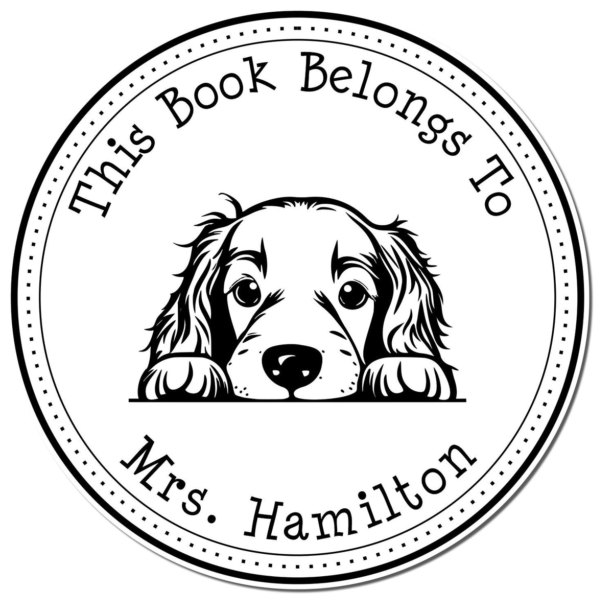 Black circular book stamp seal with puppy illustration and This Book Belongs To Mrs. Hamilton text on white.