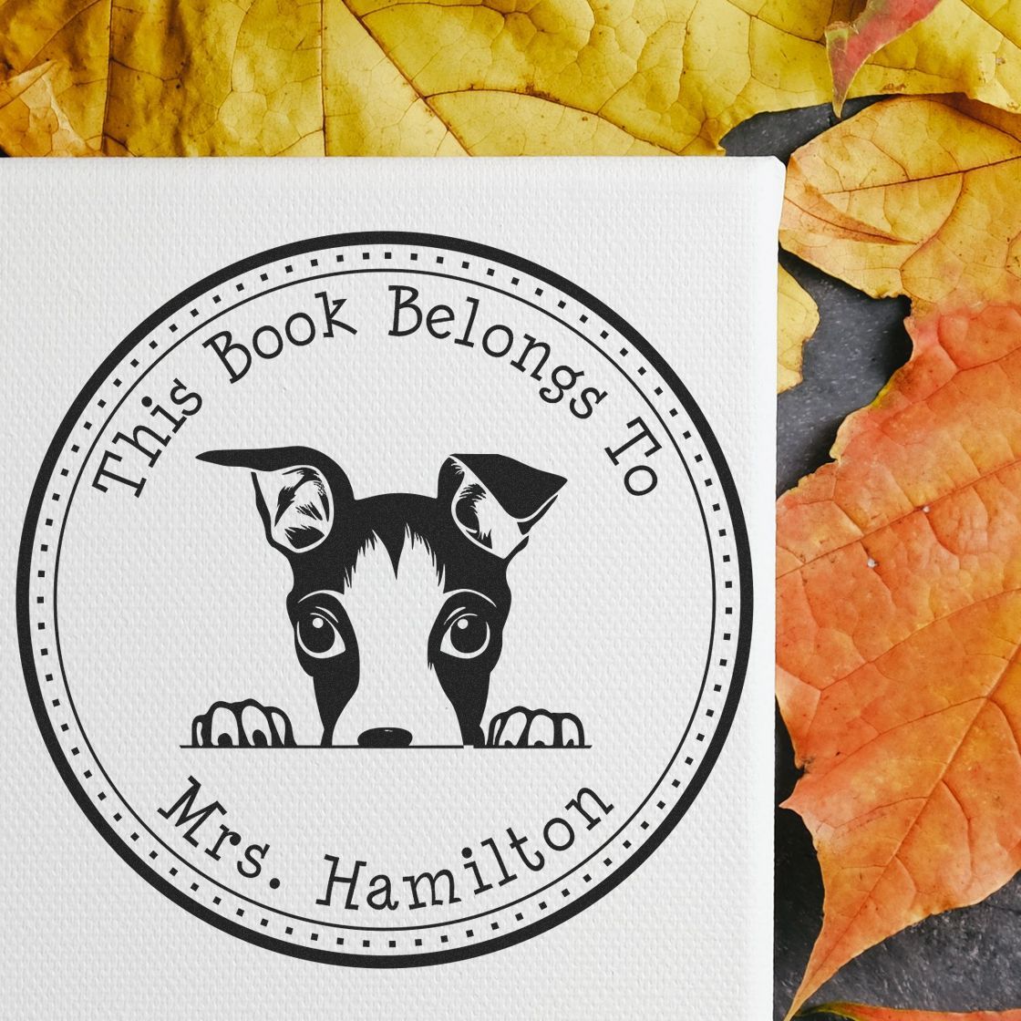 Custom black book plate stamp seal with peeking dog and This Book Belongs To Mrs. Hamilton on white paper, autumn leaves behind.