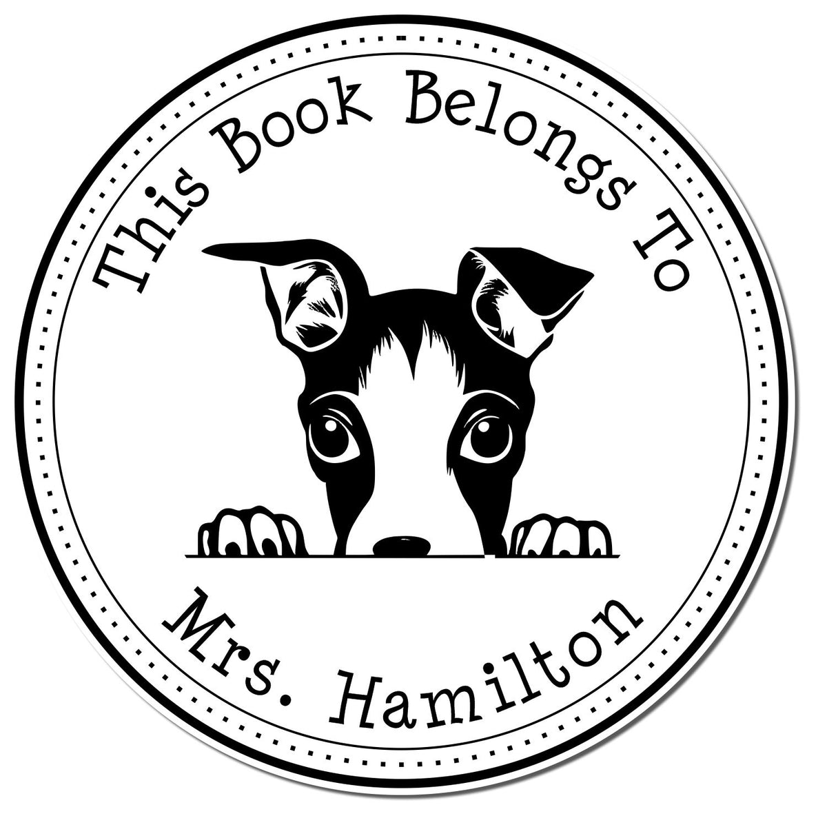 Black-and-white round book stamp seal with peeking dog and text: This Book Belongs To Mrs. Hamilton.