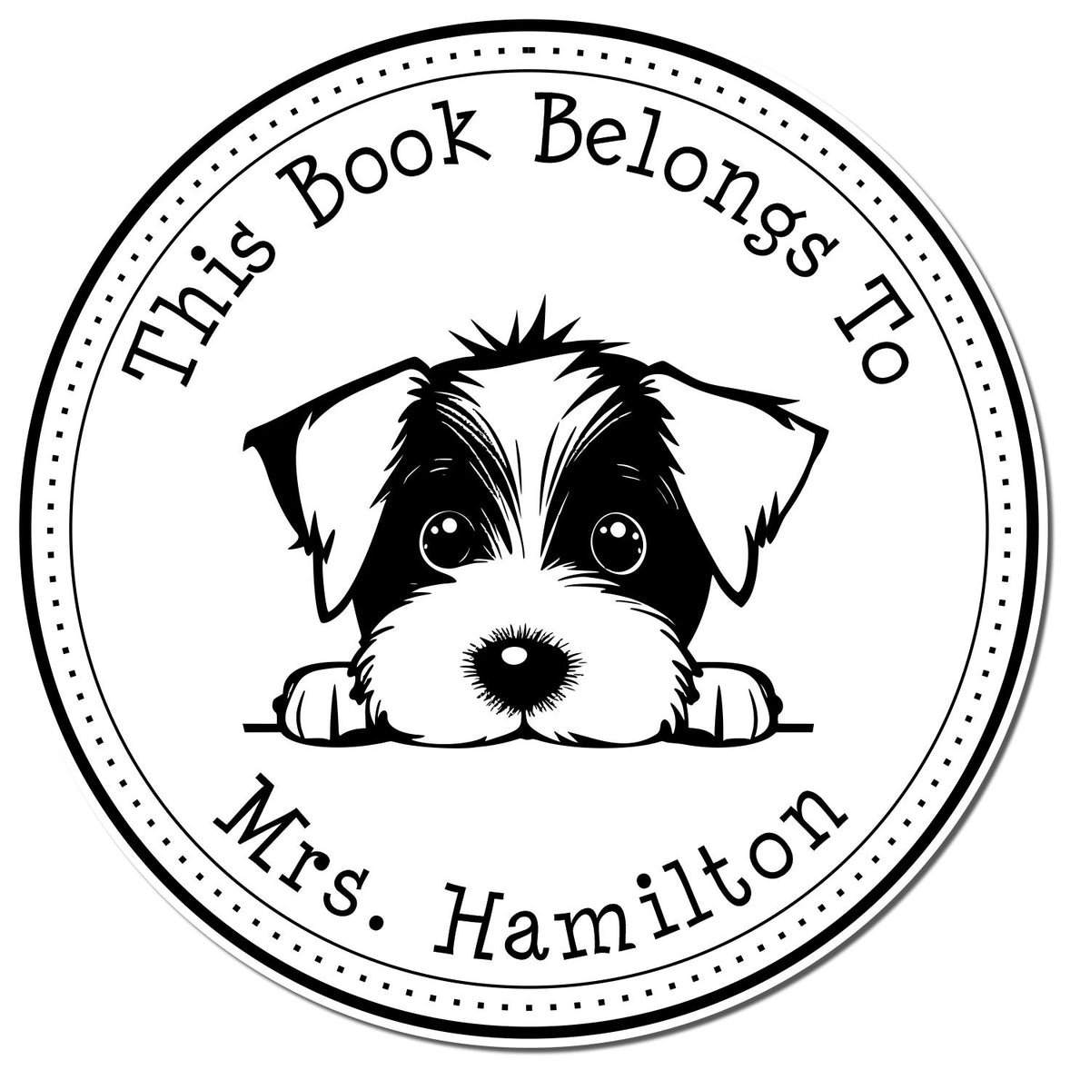 Black-and-white circular stamp seal with puppy illustration and text This Book Belongs To Mrs. Hamilton around the border.