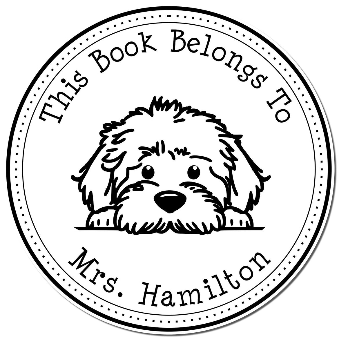 Black-and-white round book stamp seal with fluffy dog and text This Book Belongs To Mrs. Hamilton.