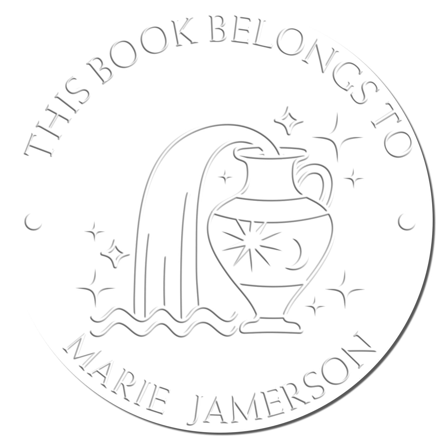White embossed circular bookplate stamp/seal reading This Book Belongs to Marie Jamerson, with jug, arch, sparkles, and waves.