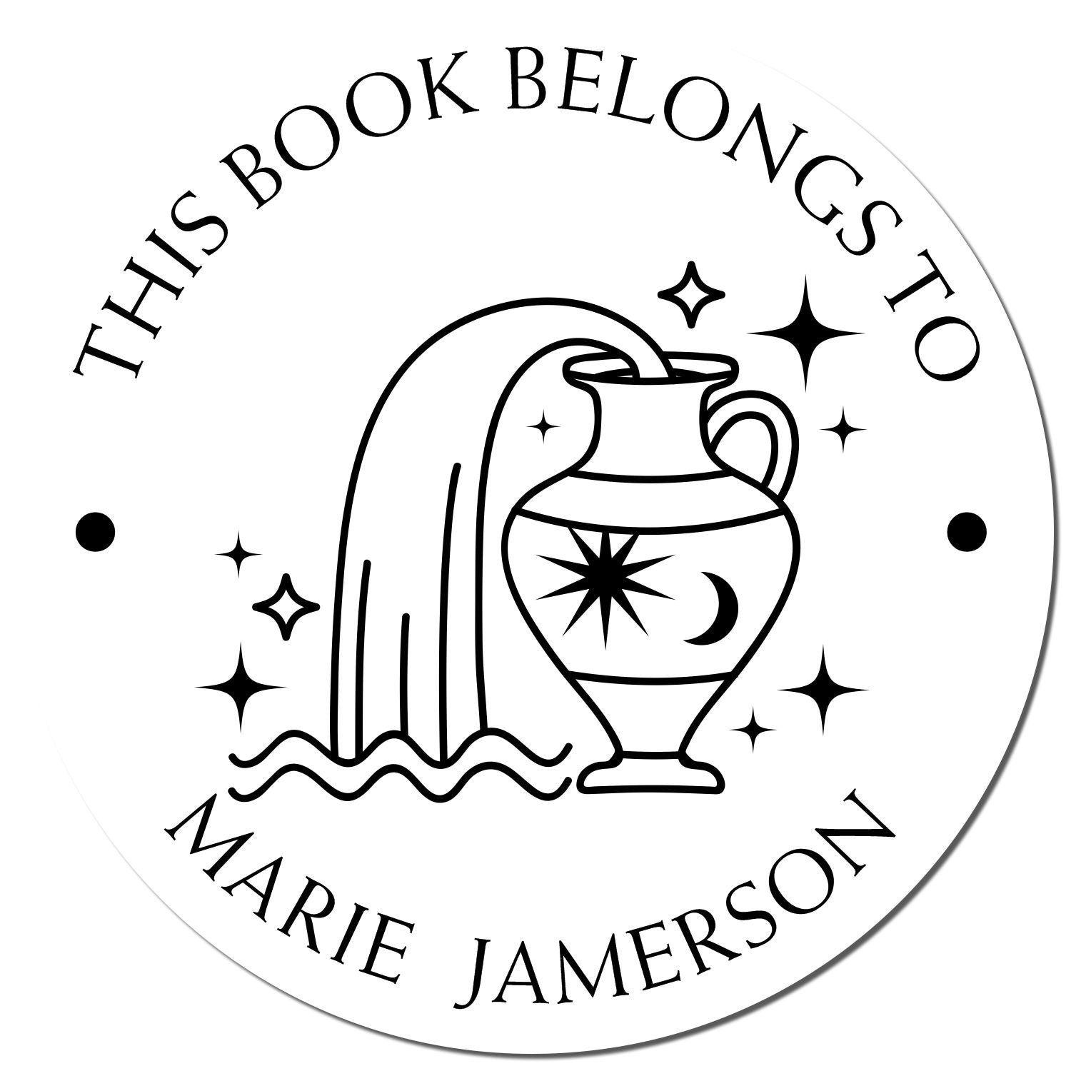 Black-and-white round book stamp seal reading This Book Belongs to Marie Jamerson, with a pitcher, sparkles, and waves.