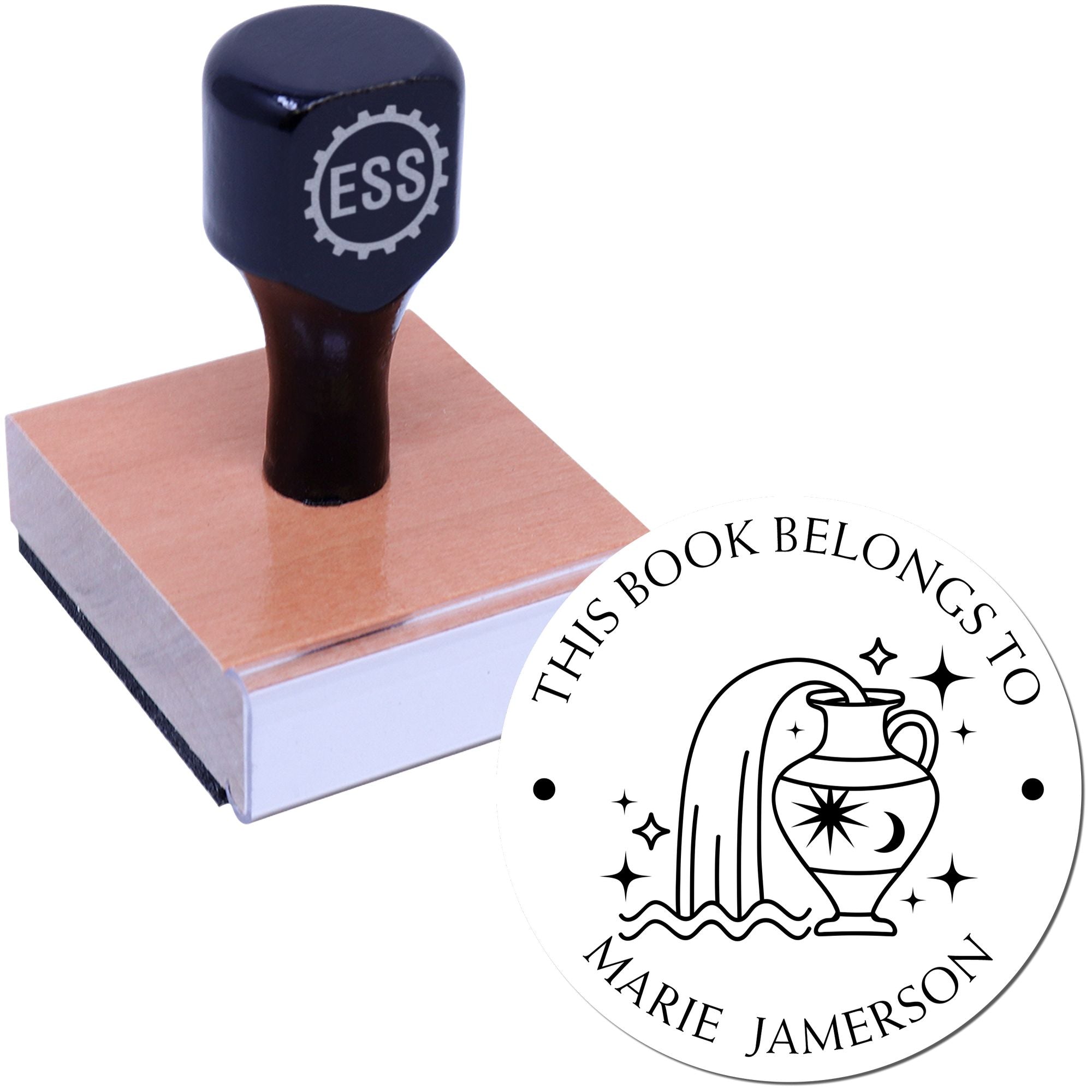 Wood Handle Aquarius Flowing Water Vase Custom Made Book Name Stamp