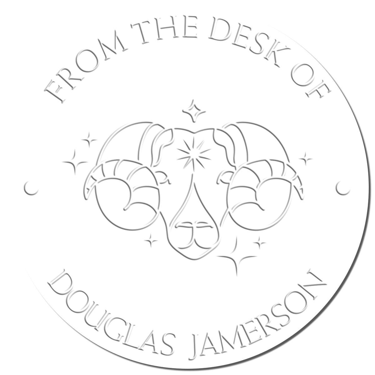 Shiny Soft Aries Ram astrological stamp with sun and stars design, featuring a customized "Belongs To" imprint on white background.