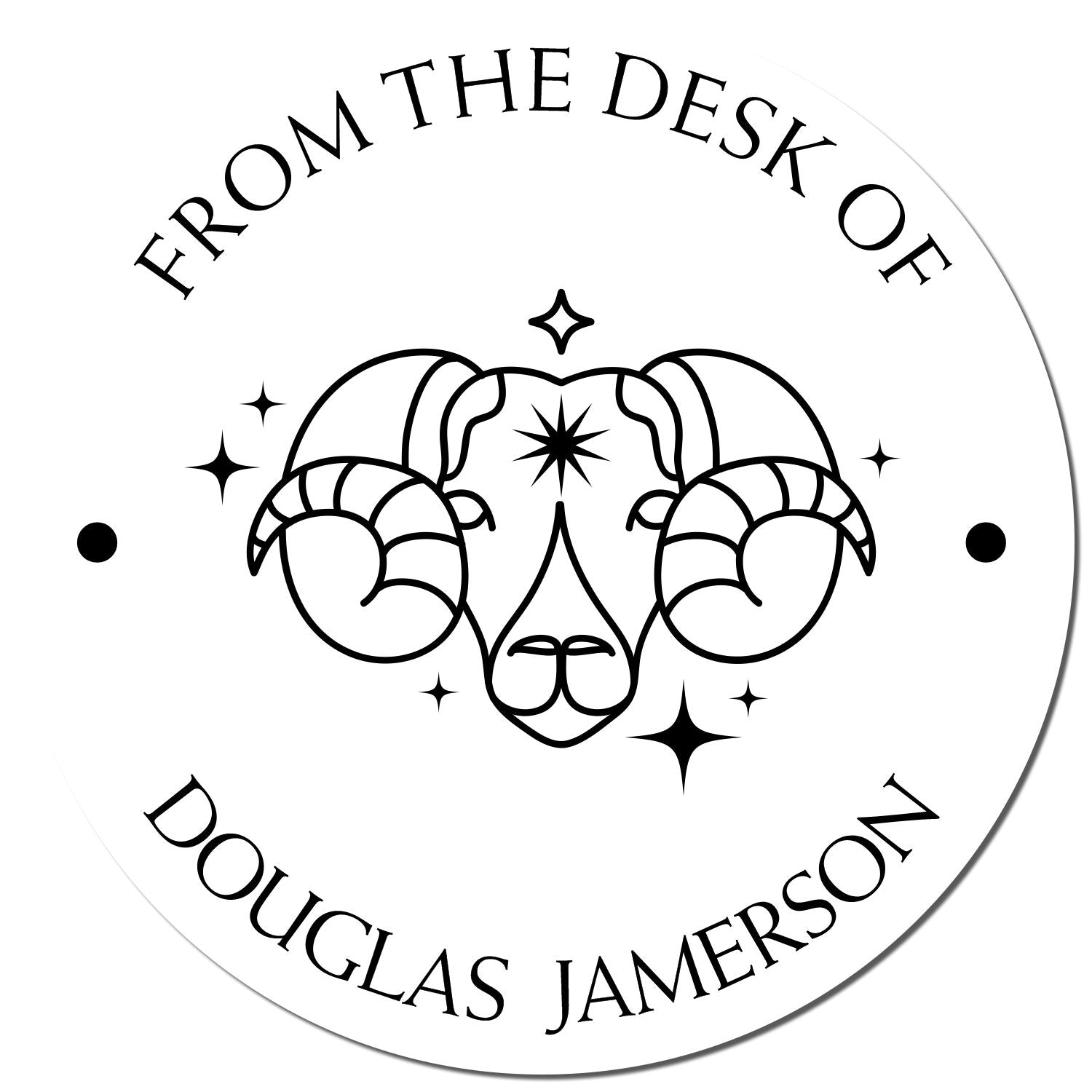 Black-and-white circular stamp seal with ram head and stars, reading From the Desk of Douglas Jamerson.