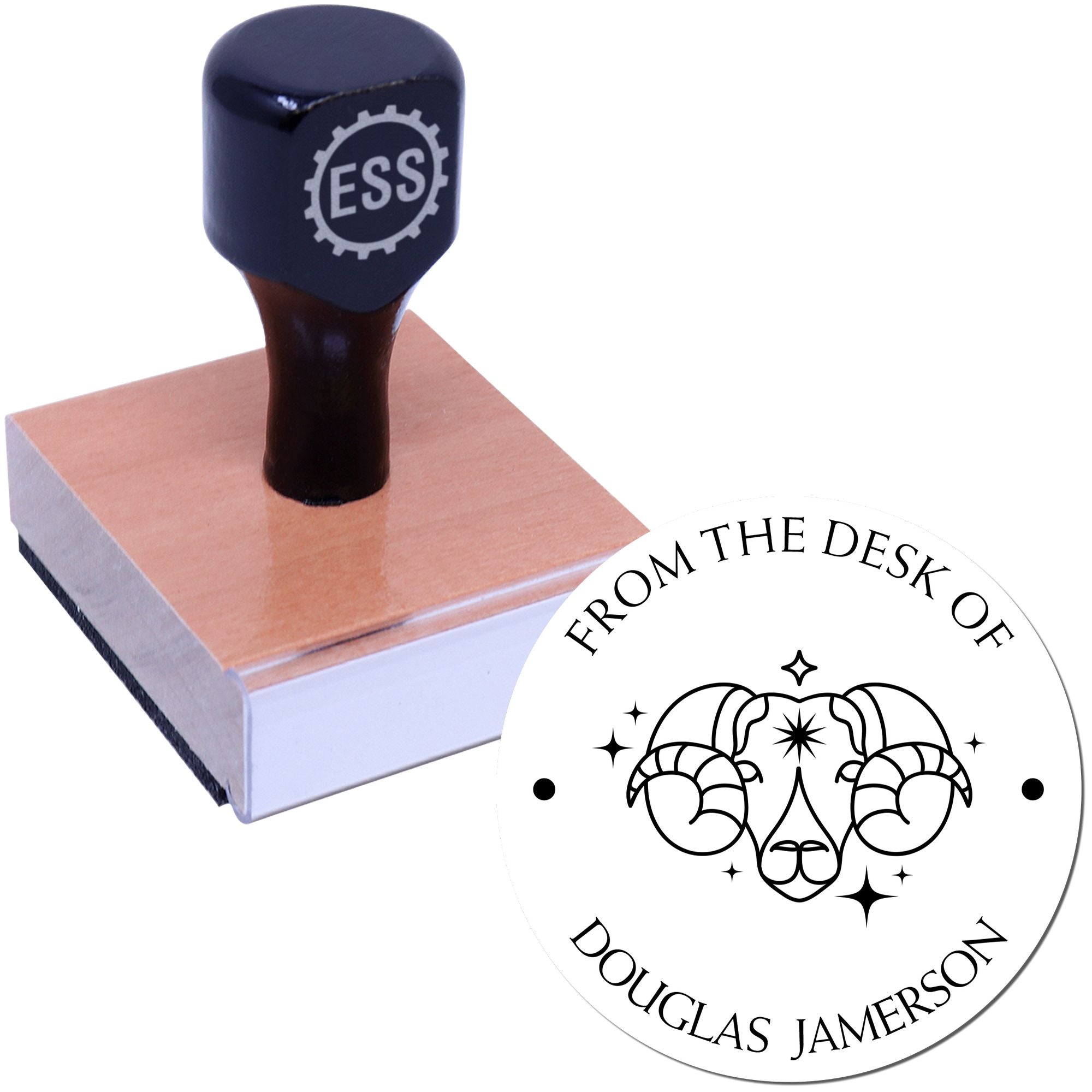 Wood Handle Aries Ram with Sun and Stars Custom Made Book Name Stamper