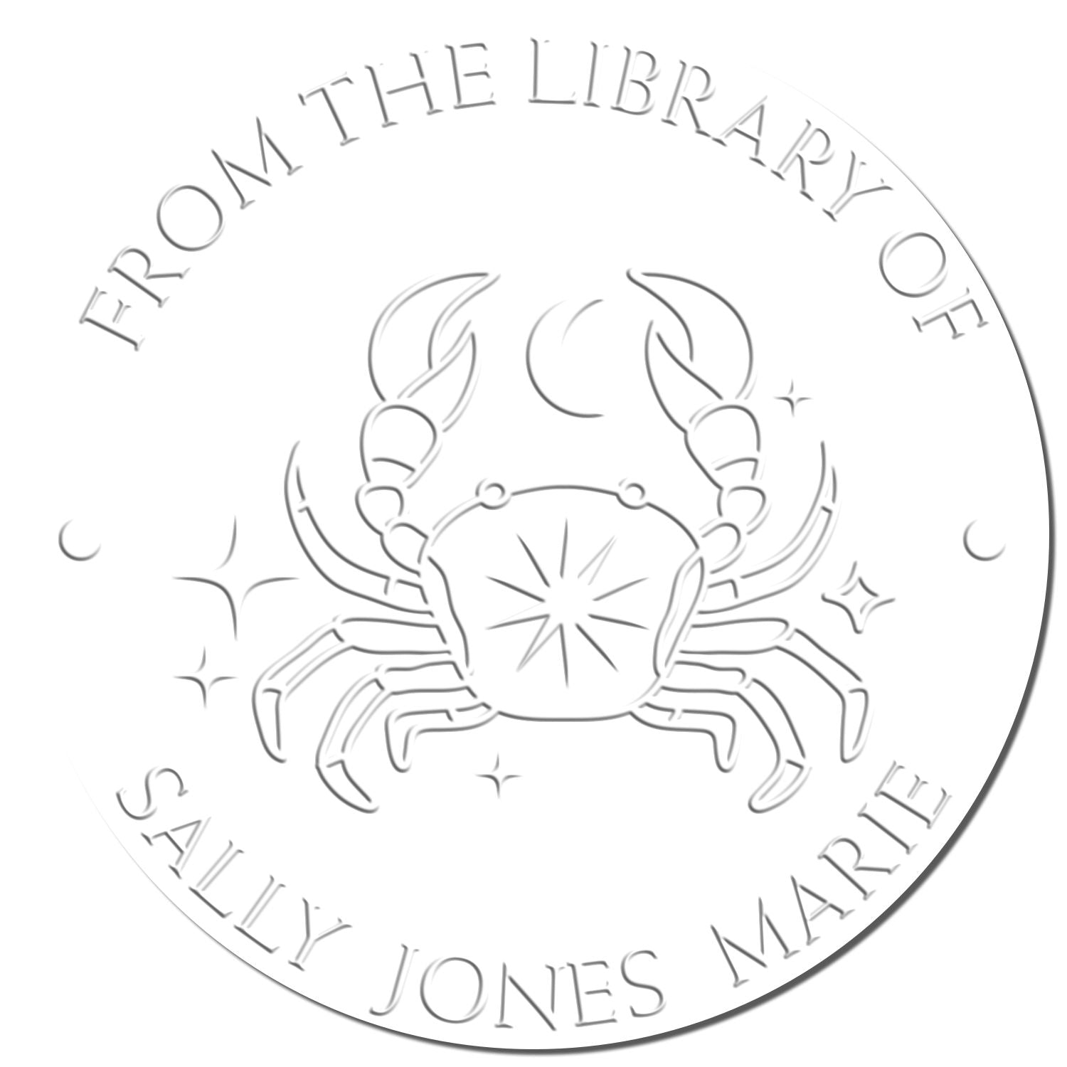 Silver embossed circular library stamp seal with crab, moon, and stars, reading From the Library of Sally Jones Marie.