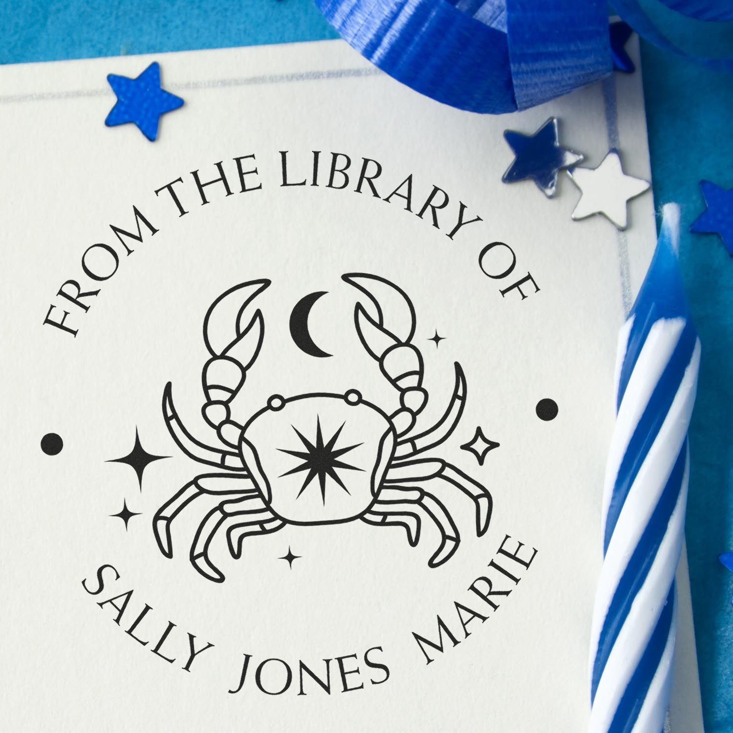 Self-Inking Cancer Crab with Sun, Moon, Stars Custom Made Personal Library Stamper - Engineer Seal Stamps