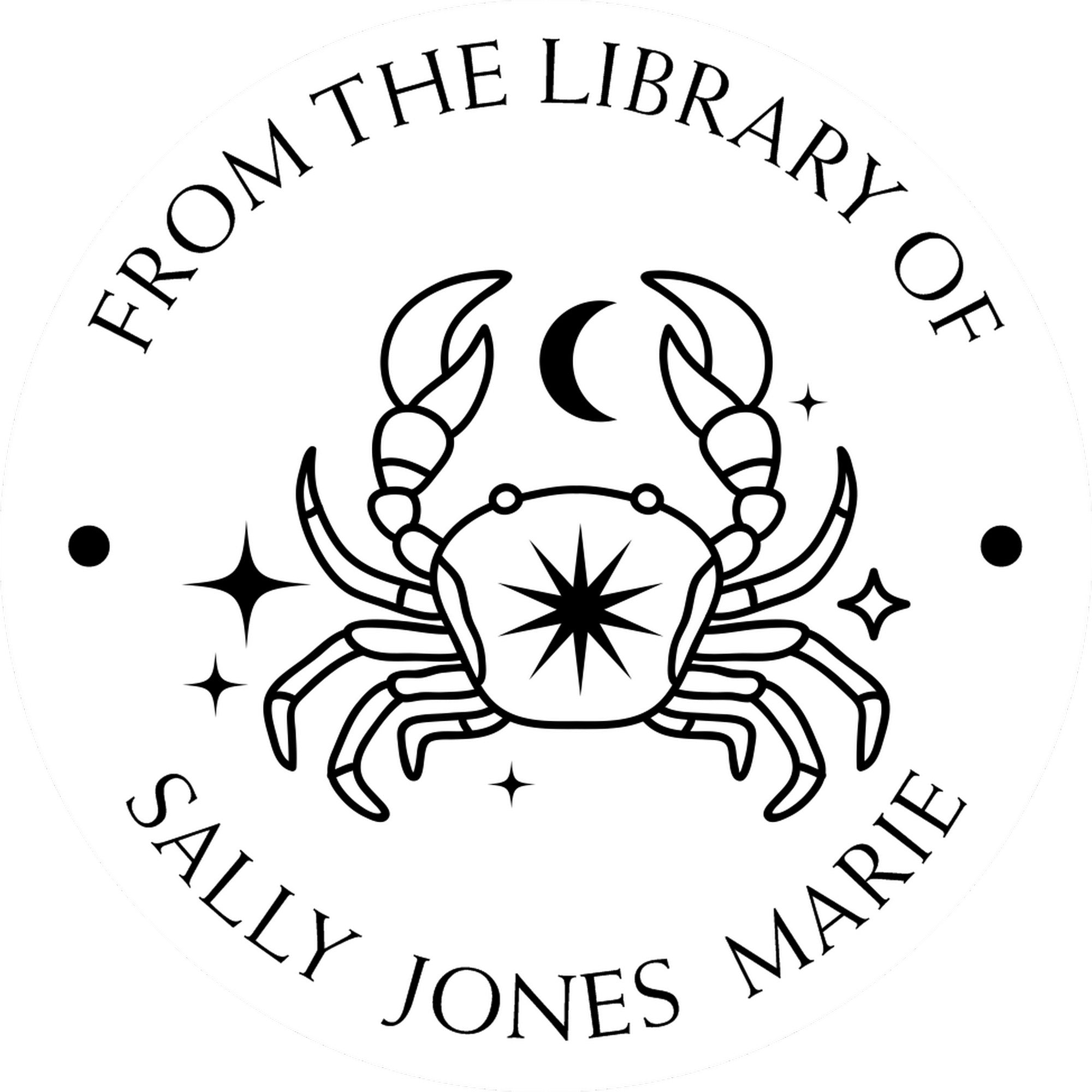 PSI Pre-Inked Cancer Crab with Sun, Moon, Stars Personalized Book Property Stamp - Engineer Seal Stamps