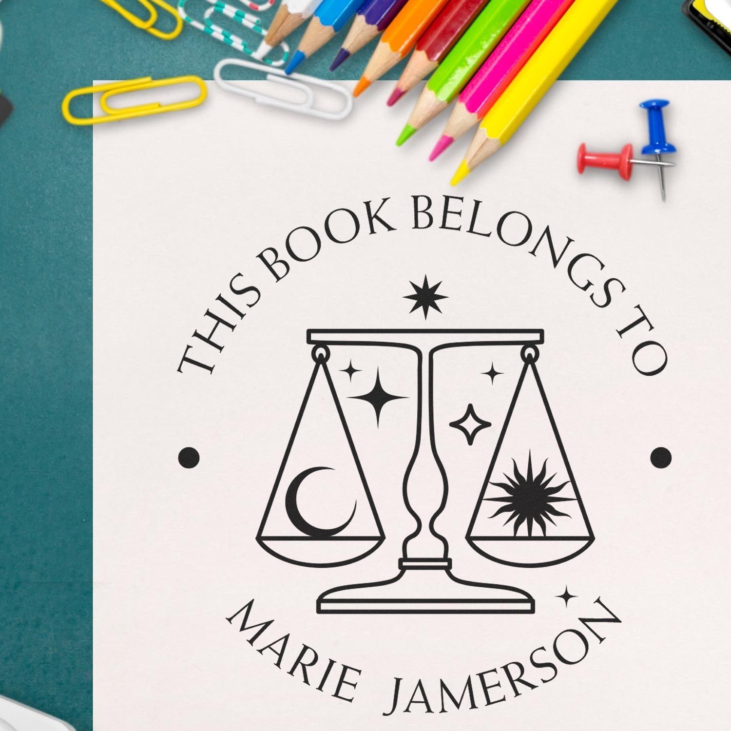 Pre-Inked Libra Scales with Sun & Moon Personalized Read It Love It Return It Stamper - Engineer Seal Stamps