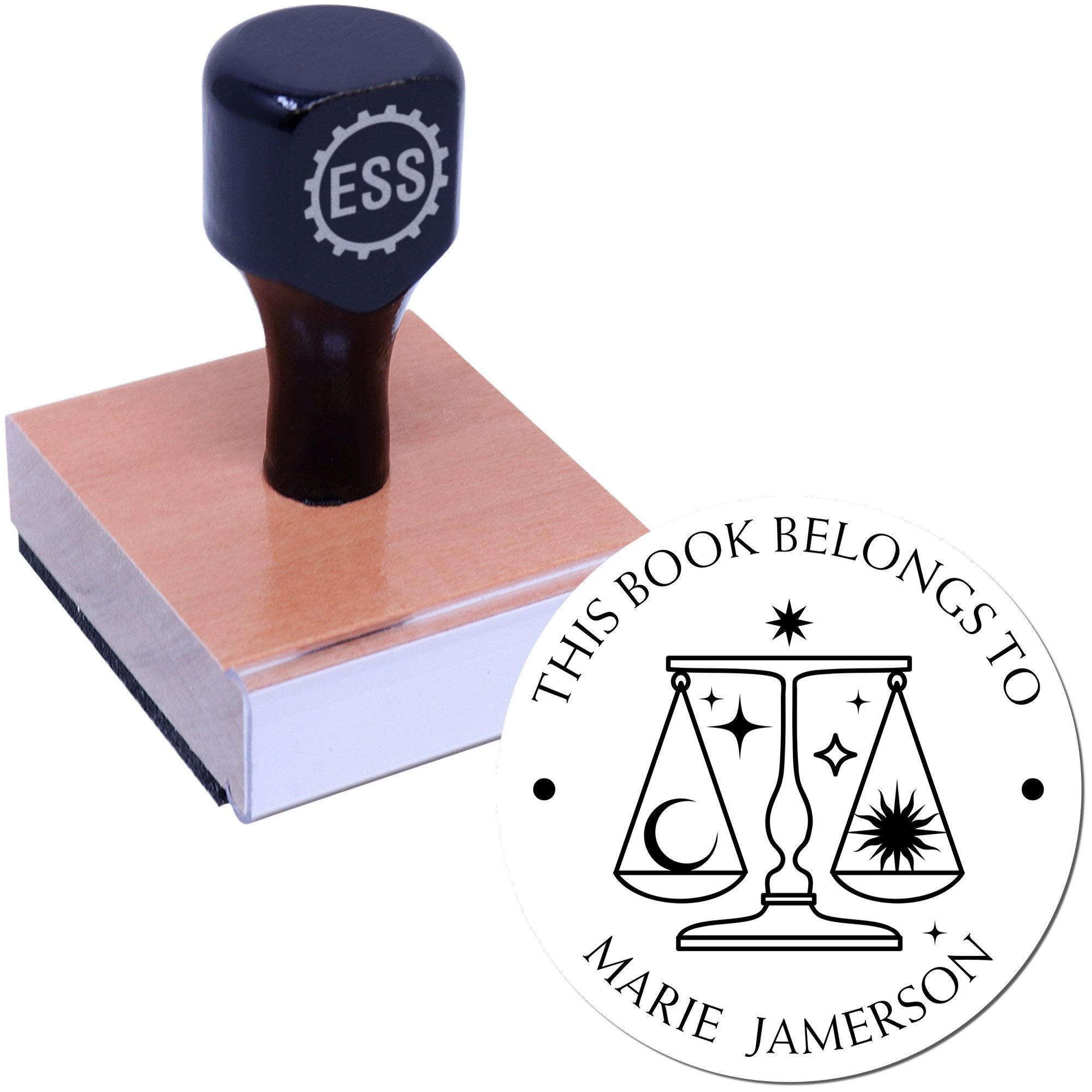 Wood Handle Libra Scales with Sun & Moon Custom Made Book Property Stamp - Engineer Seal Stamps