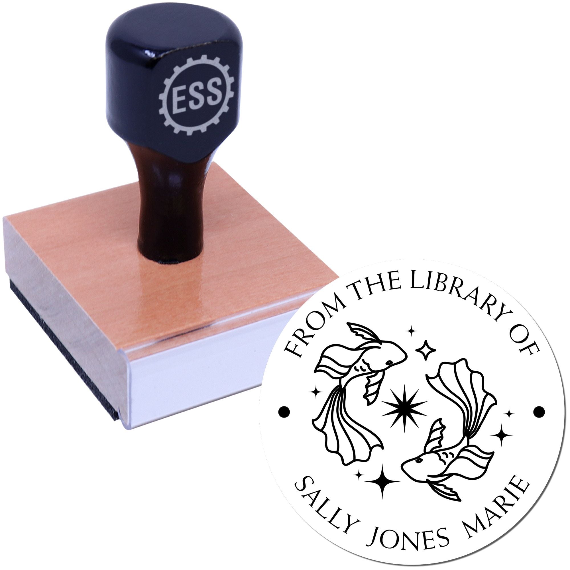 Wood Handle Pisces Swimming Fish Custom Made Book Property Stamper - Engineer Seal Stamps