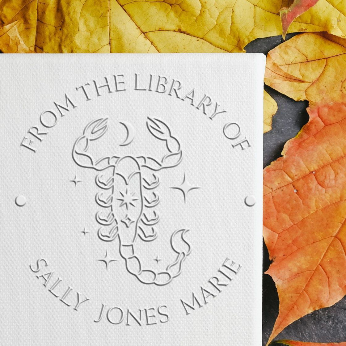 Soft Scorpio with Sun, Moon, Stars Custom Bibliophile Embossing Stamp