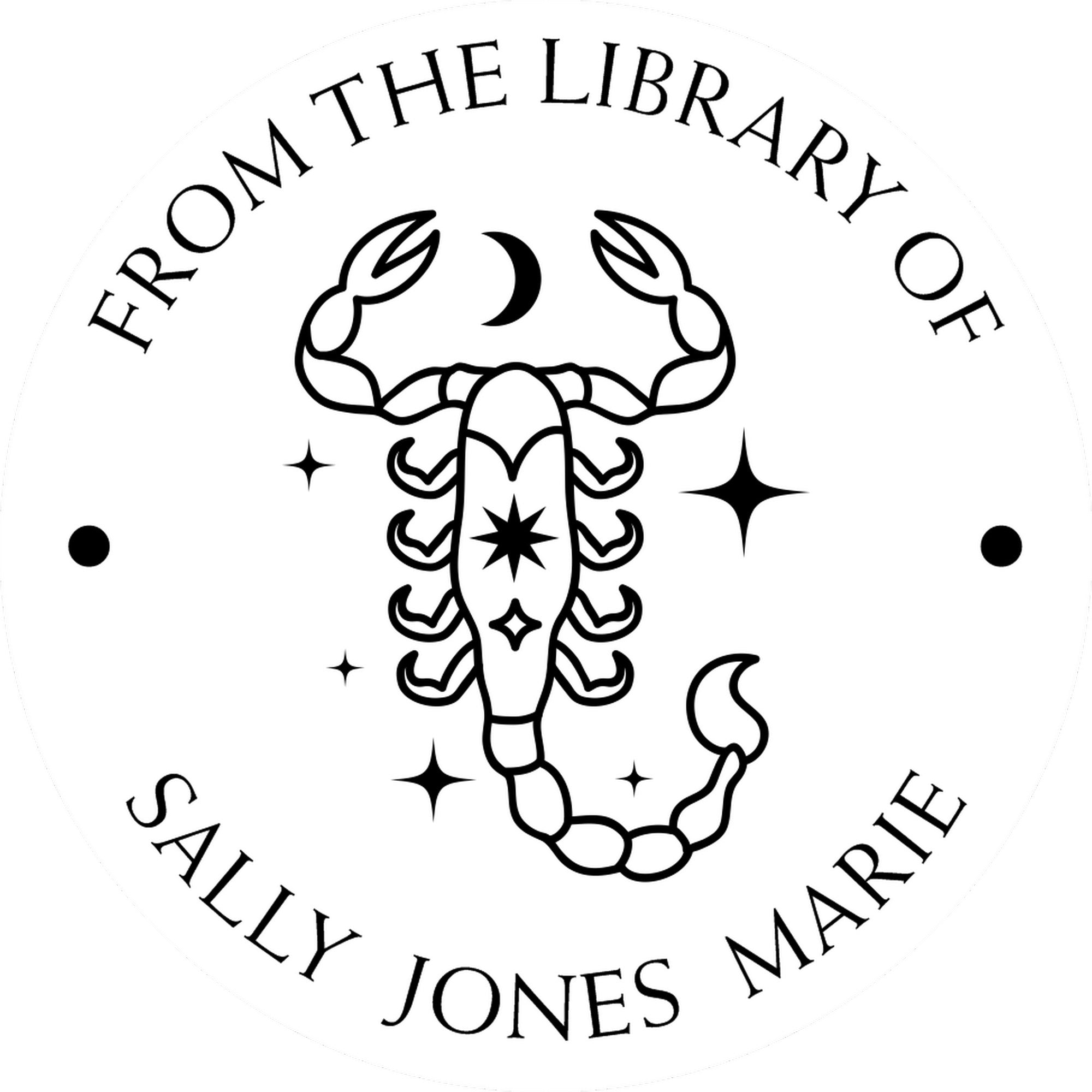Pre-Inked Scorpio with Sun, Moon, Stars Personalized This Book Belongs To Stamp - Engineer Seal Stamps