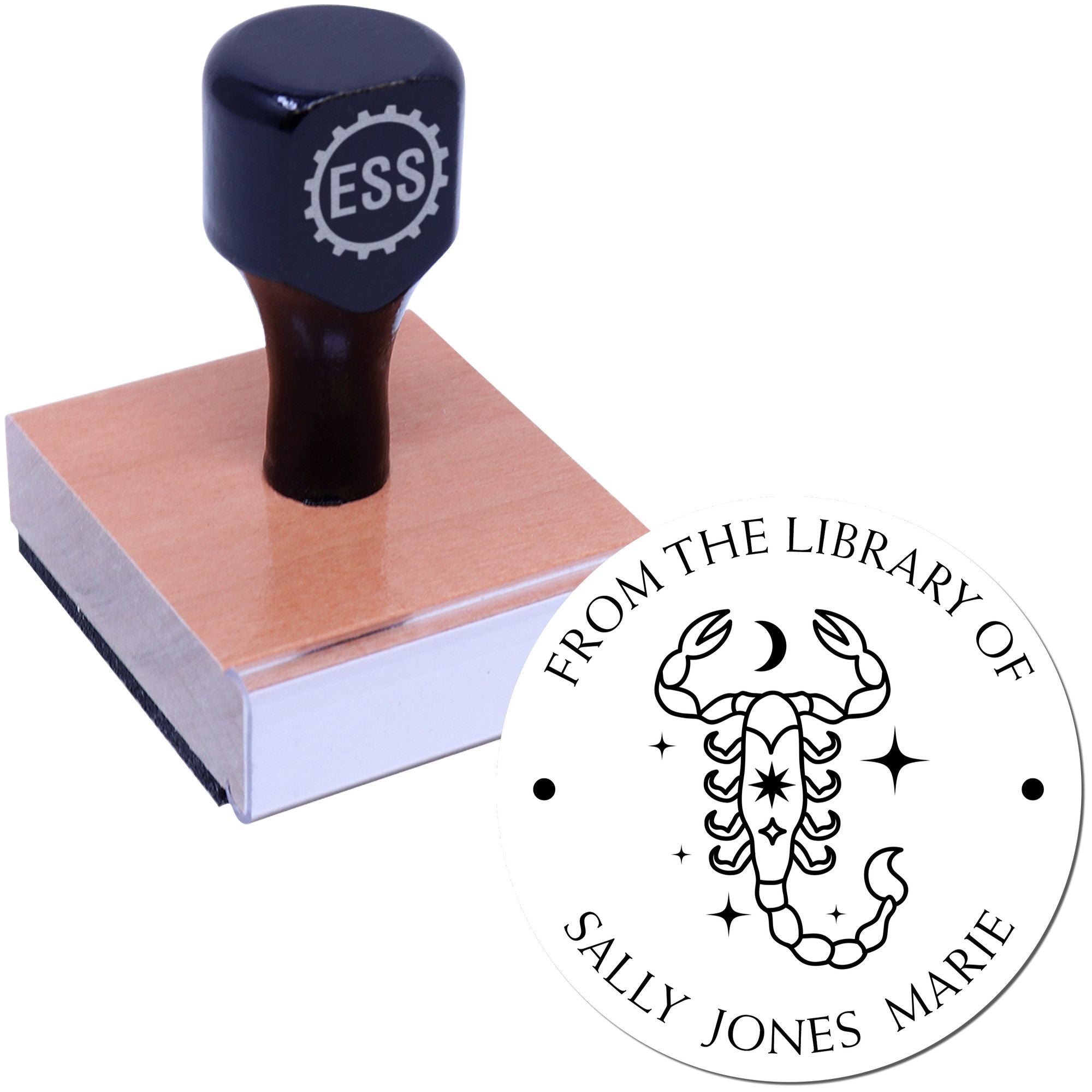 Wood Handle Scorpio with Sun, Moon, Stars Custom Made Bookplate Stamper - Engineer Seal Stamps
