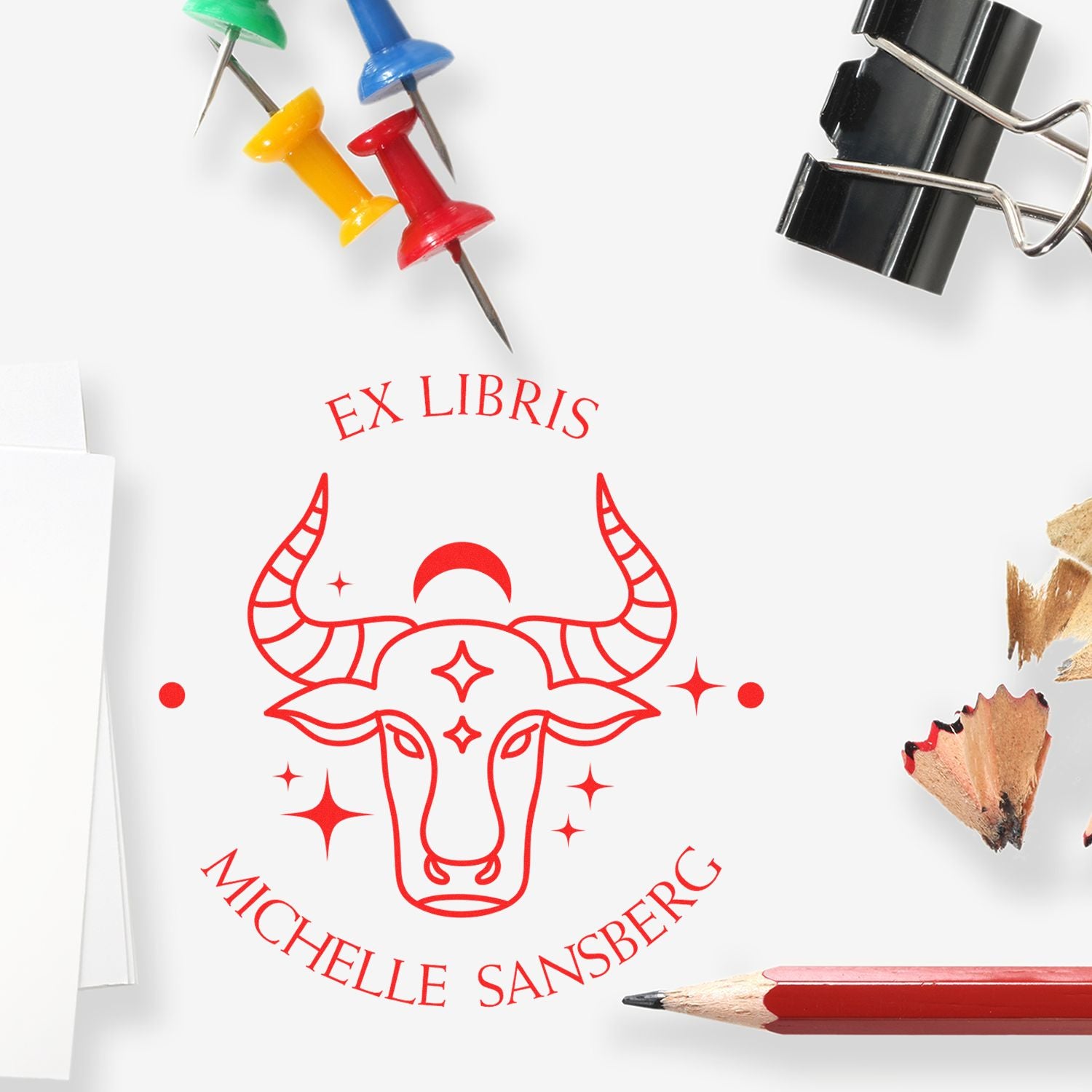 PSI Pre-Inked Taurus with Half Moon Personalized Library Stamp - Engineer Seal Stamps